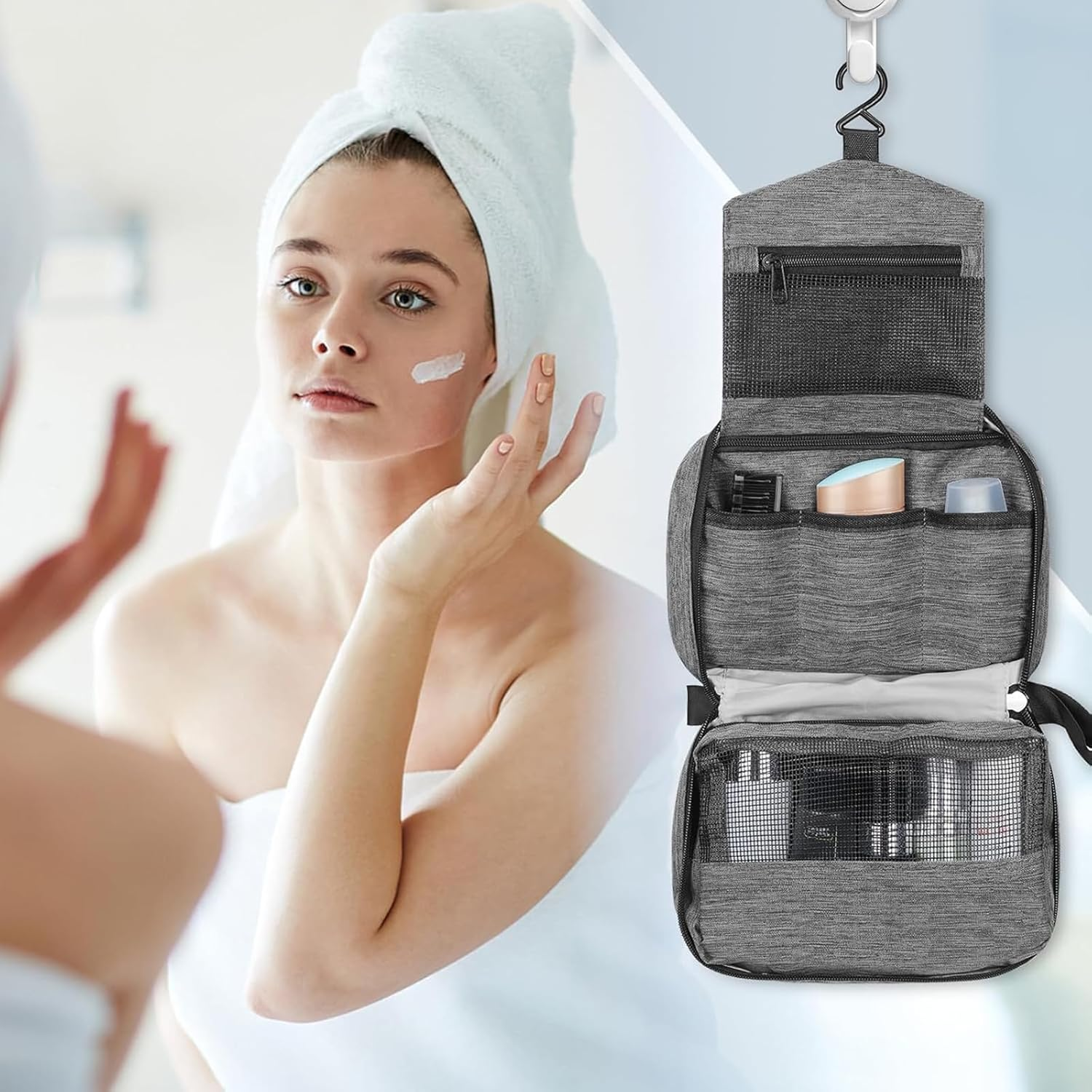 Xoxel Hanging Toiletry Bag with Handles Portable Wash Bag for Camping and Outdoor Wash Organiser + 2 Drawstring Pouches | Dry/Wet Separation Grey image number 4