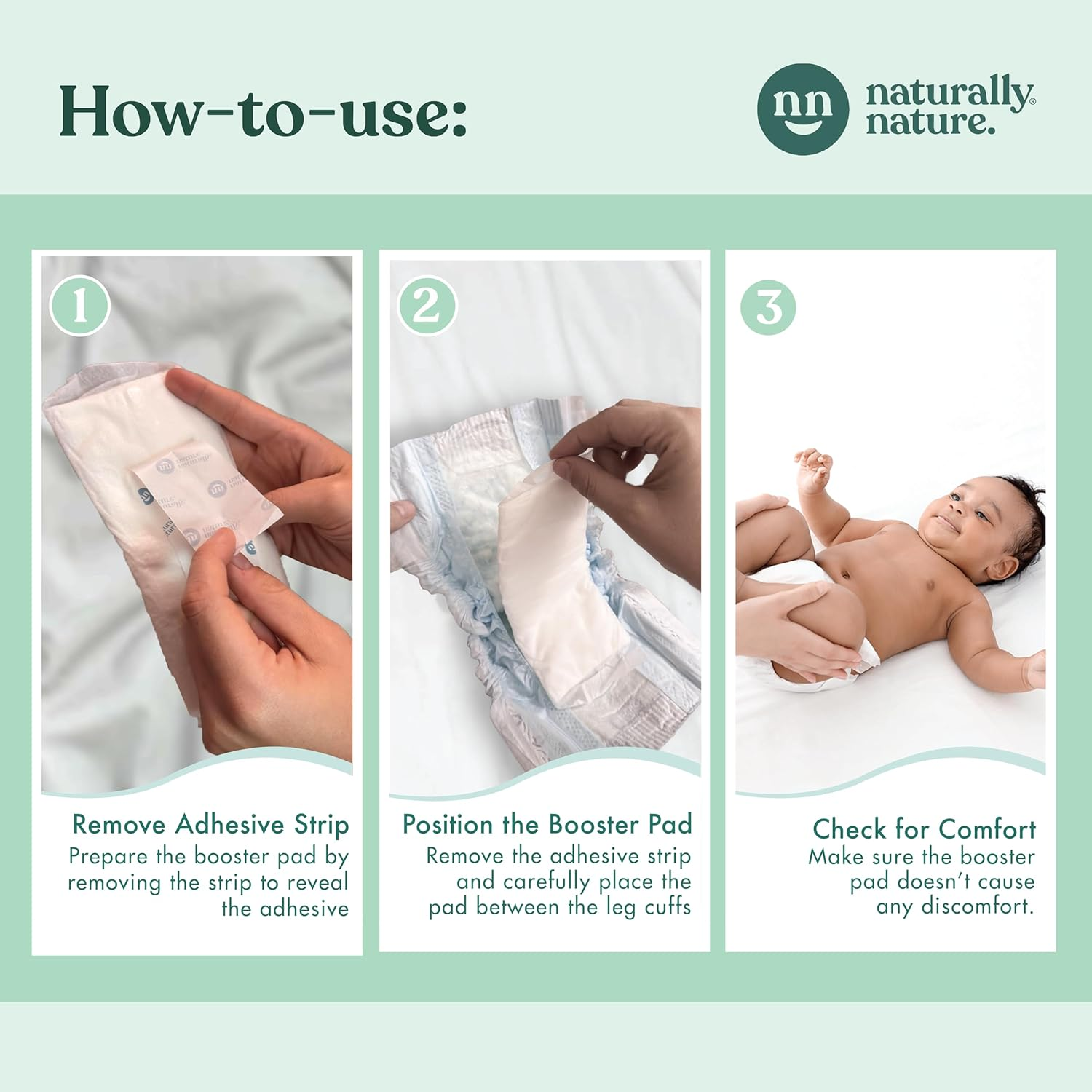 Naturally Nature Overnight Leak-Protection Diaper Booster Pads, for Heavy Wetters, Diaper Liners for Baby Overnight Diapers - Size N-3 Girls, 32-Pack