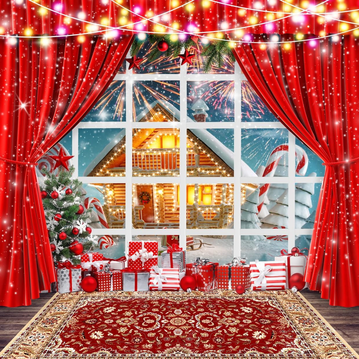 LYCGS 7X5Ft Christmas Backdrop Winter Christmas Window Photography Background Xmas Party Backdrop Xmas Tree Snow Fireworks Cartoon Christmas Photo Backdrops X-166 image number 6