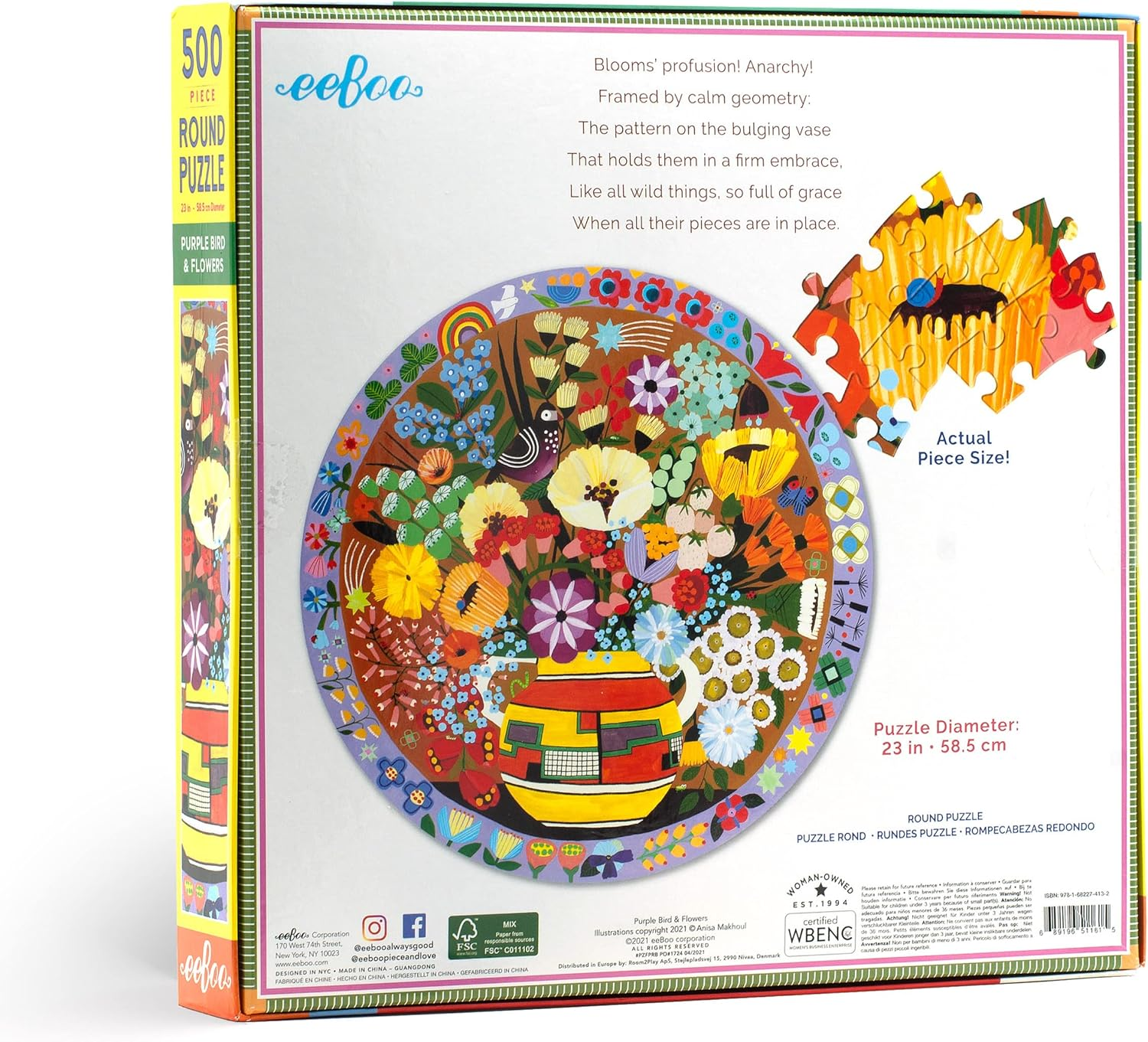 Eeboo Piece and Love Purple Bird and Flowers 500 Piece round Jigsaw Puzzle, Multi, PZFPRB image number 3