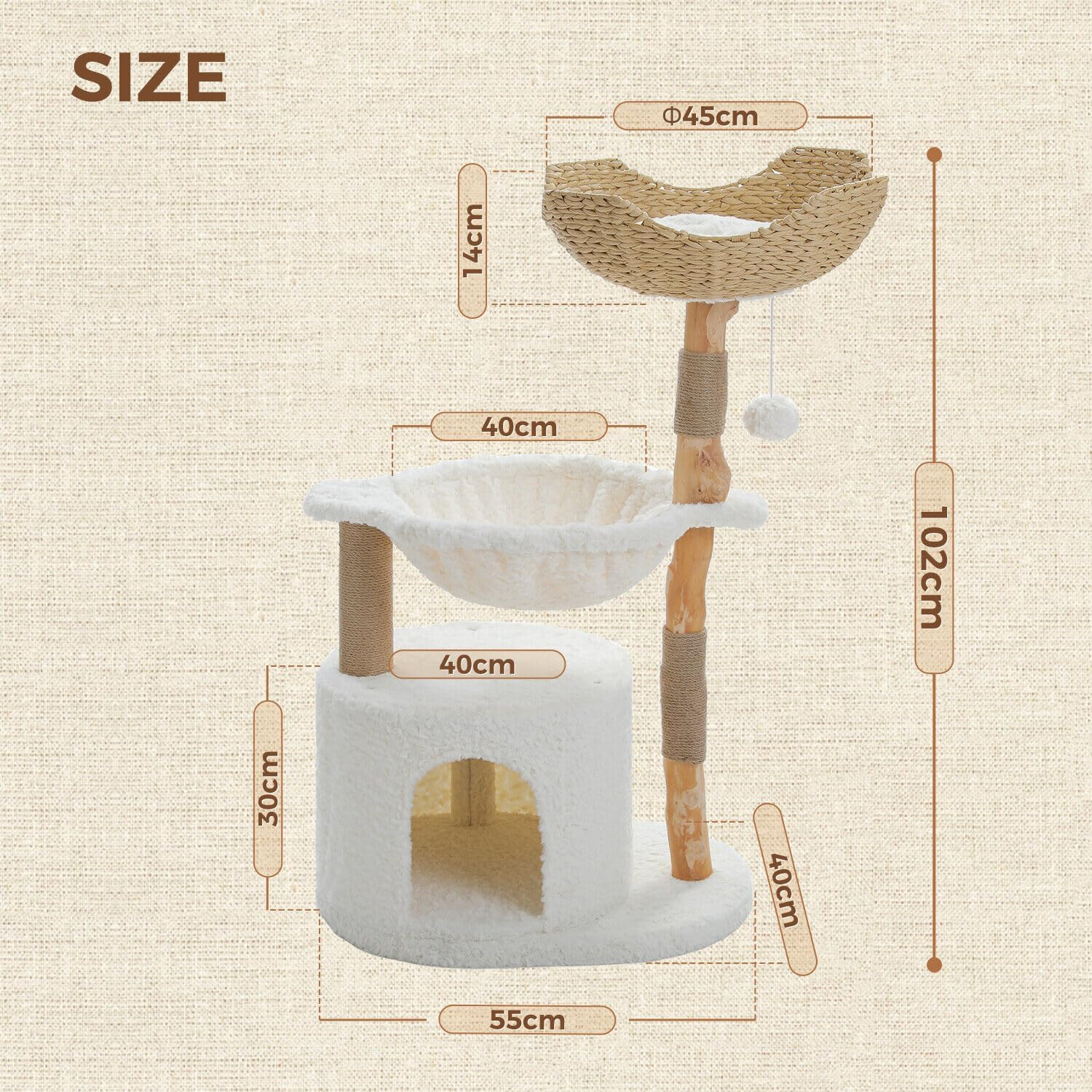 PAWZ Road Modern Cat Tree, Real Wood Cat Tower for Indoor Large Cats, Luxury Cat Furniture with Large Cozy Hammock(Dia=40Cm),Spacious Cat Condo,Baskets Perch and Dangling Ball White image number 5