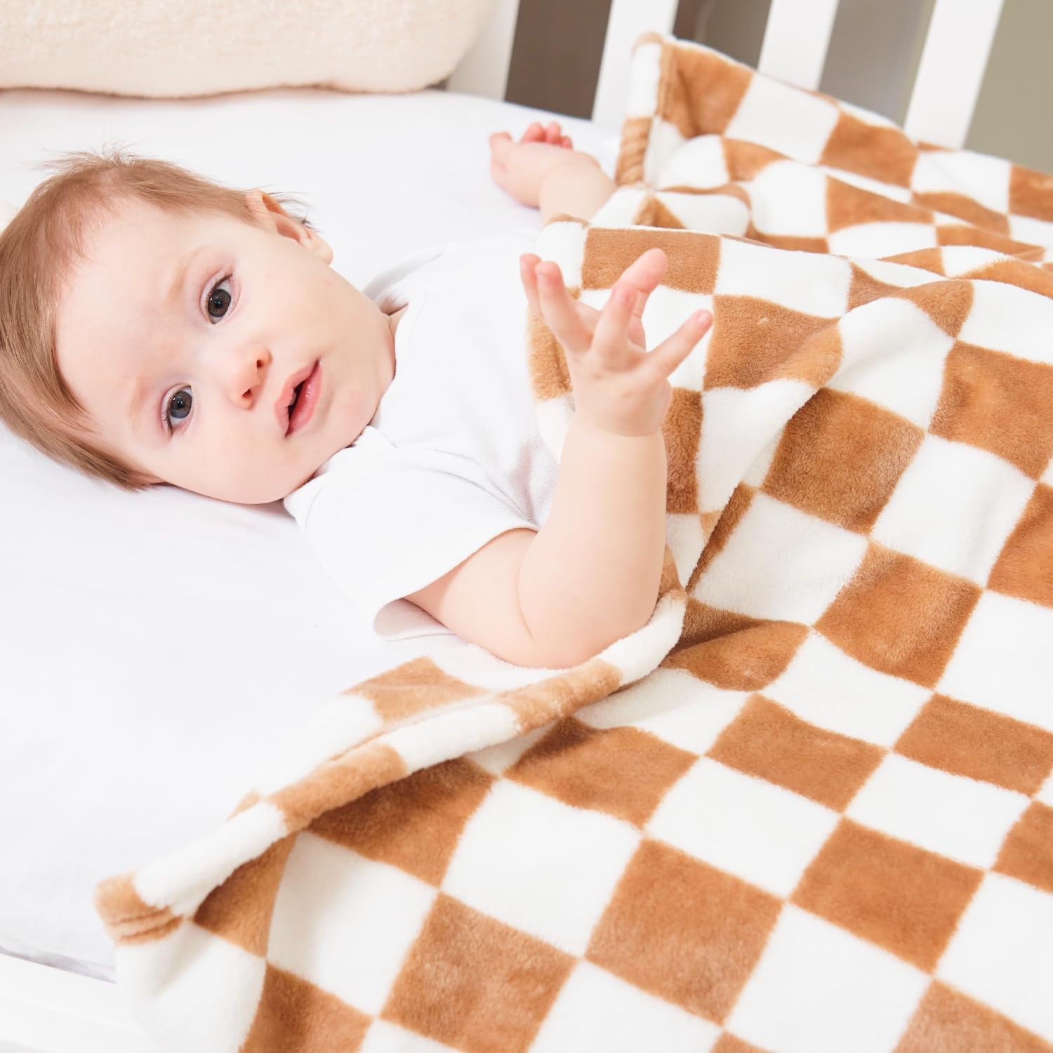 Checkered Baby Blanket Fleece Baby Blankets Neutral for Boys Girls, Super Soft Warm Lightweight Infant Toddler Newborn Receiving Blankets for Crib Stroller, Khaki 30''X40'' - Khaki image number 3