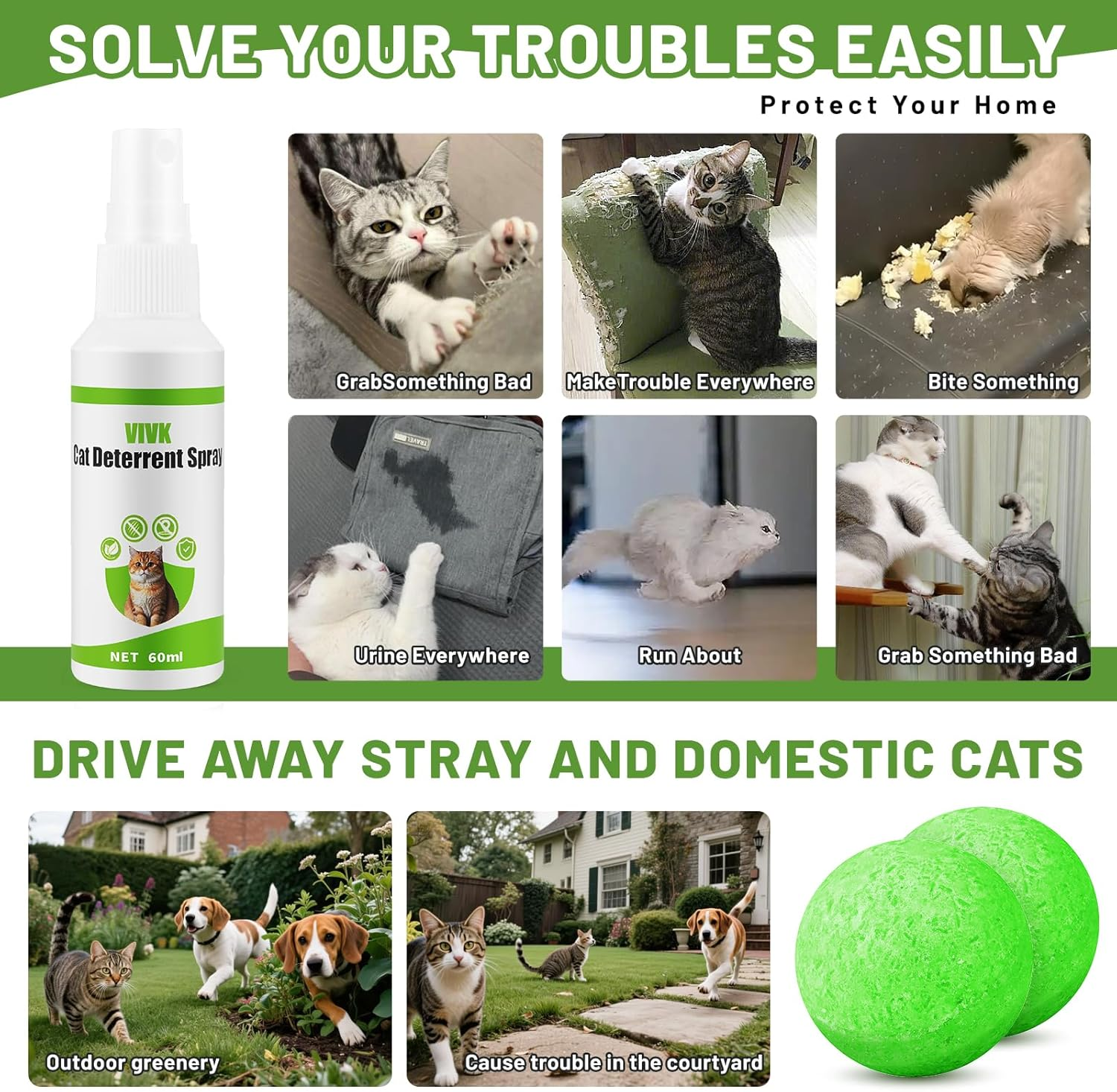 VIVK Cat Deterrent Spray with 6 Balls, Indoor Outdoor Natural Safe Cat Deterrent for Furniture Garden Carpet Yard Lawn, Training Aid Spray, Effective against Scratching & Chewing image number 5