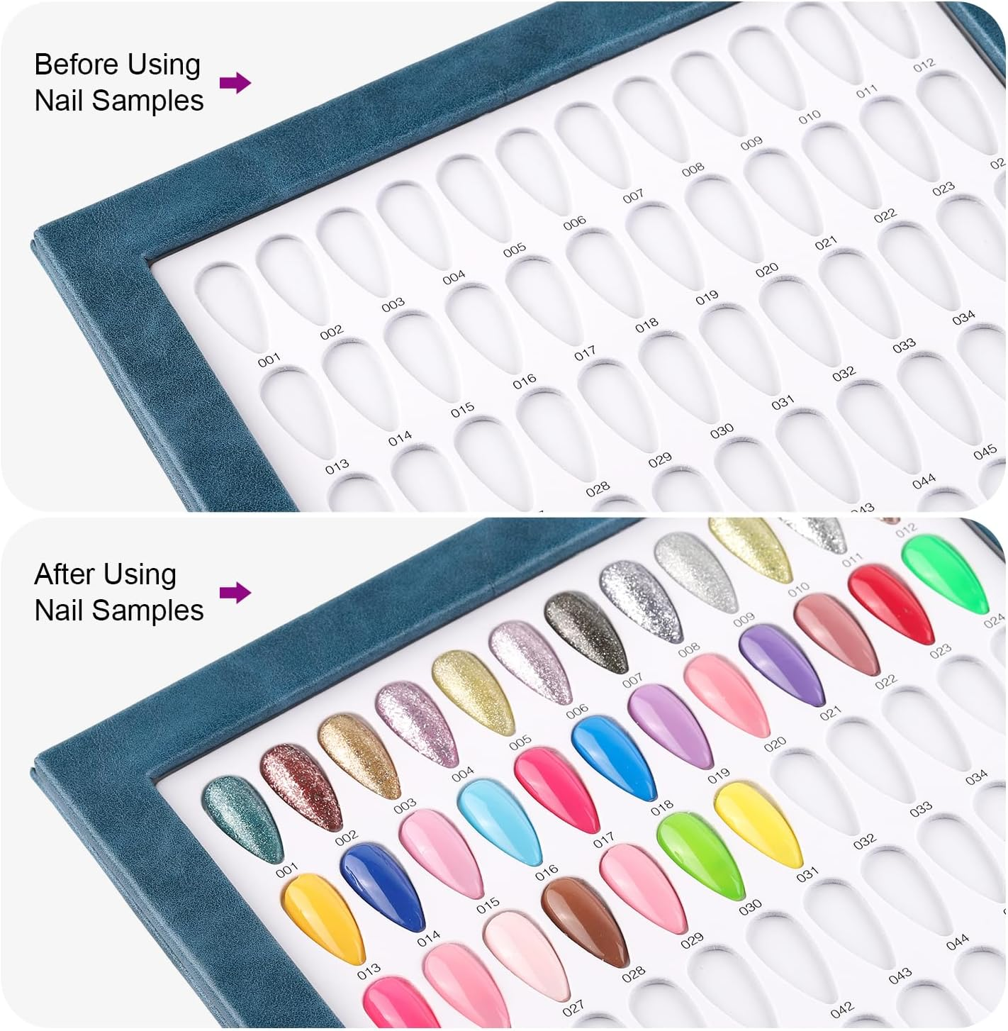 BNG Nail Colour Display Book 216 Colours Nails Art Card Chart with 240 Pieces Almonds False Nails Tips, Leather Stamped Silver Drops Colour Book for Salon Gel Polish, Blue image number 1