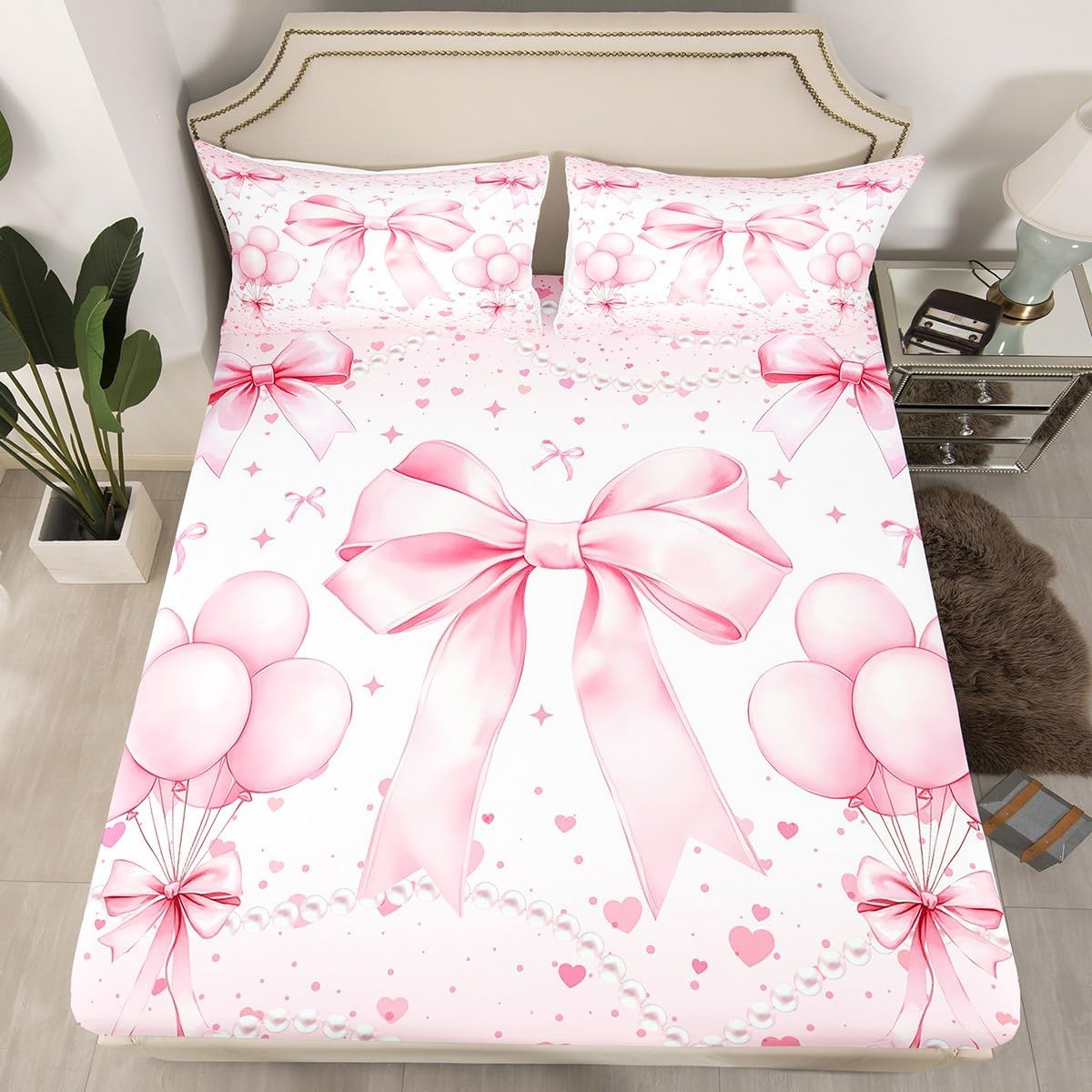 Bow Tie Kids Sheet Queen Size,Fairy Sweet Romantic Easy Wash Bedding Set,Kawaii Bow Tie Girly Kids Room Decor,White & Pink Sheet(Fitted+Flat+2 Pillowcases) image number 6