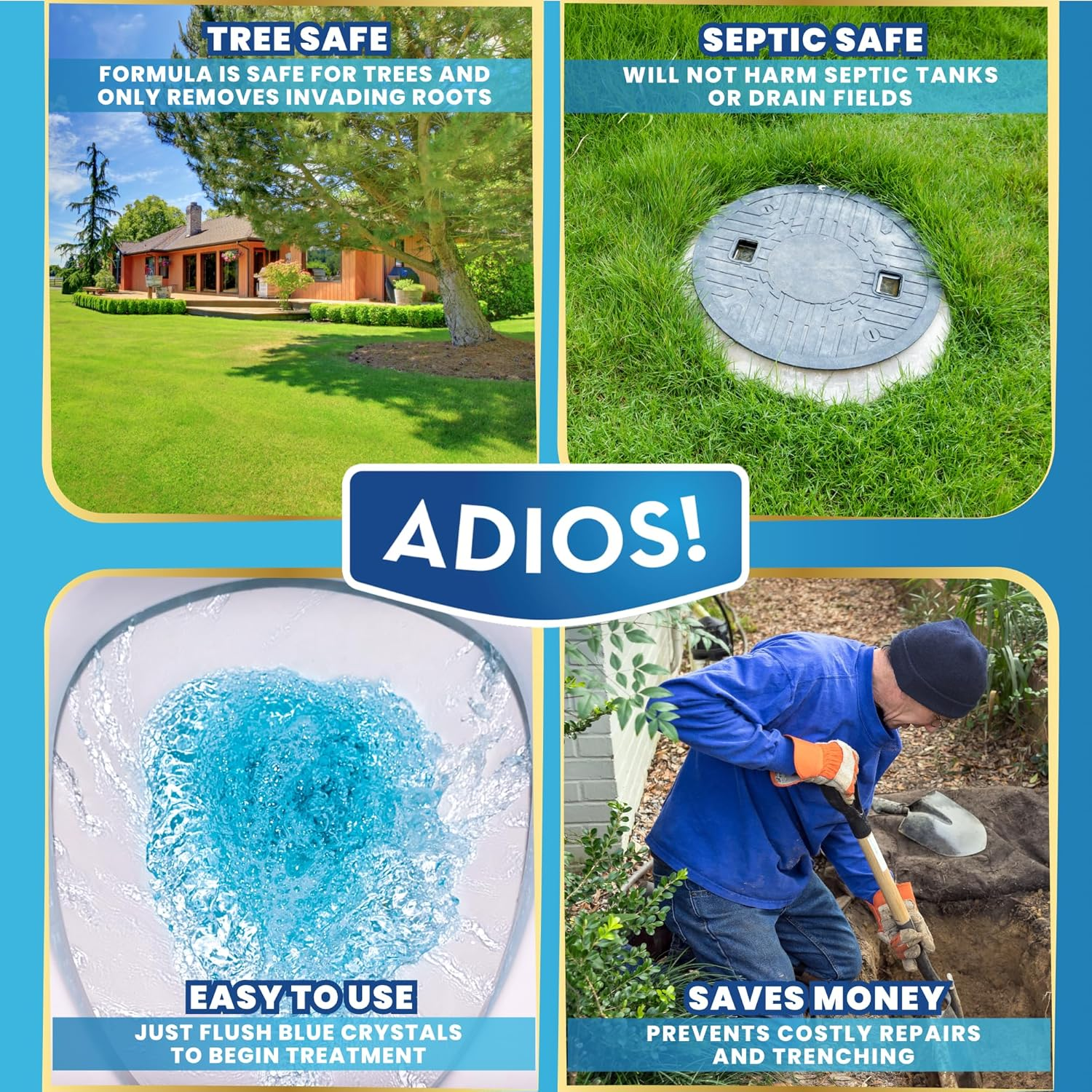Adios! Sewer and Septic Root Killer for Trees and Shrubs, Copper Sulfate Formula Protects Sewer Pipes, Drains and Septic Tanks from Invasive Root Growth (2 Pound)