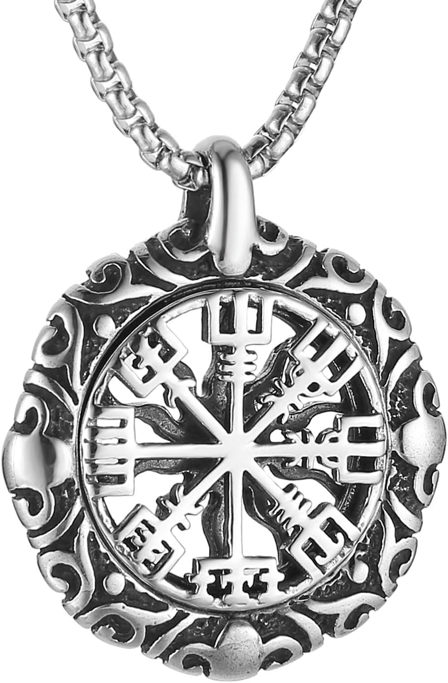 HZMAN Viking Vegvisir Norse Compass Stainless Steel Necklace Double-Sided Hollow Engraving Sun Totem Pendant Norse Amulet Jewelry
