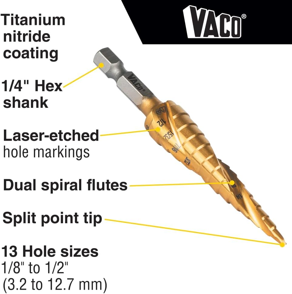 Klein Tools 25964 Step Drill Bit, 1/8 to 1/2-Inch, Spiral Double-Fluted, Cuts Thin Metal, Plastic, Aluminum, Wood, 1/4-Inch Hex Shank, VACO image number 6