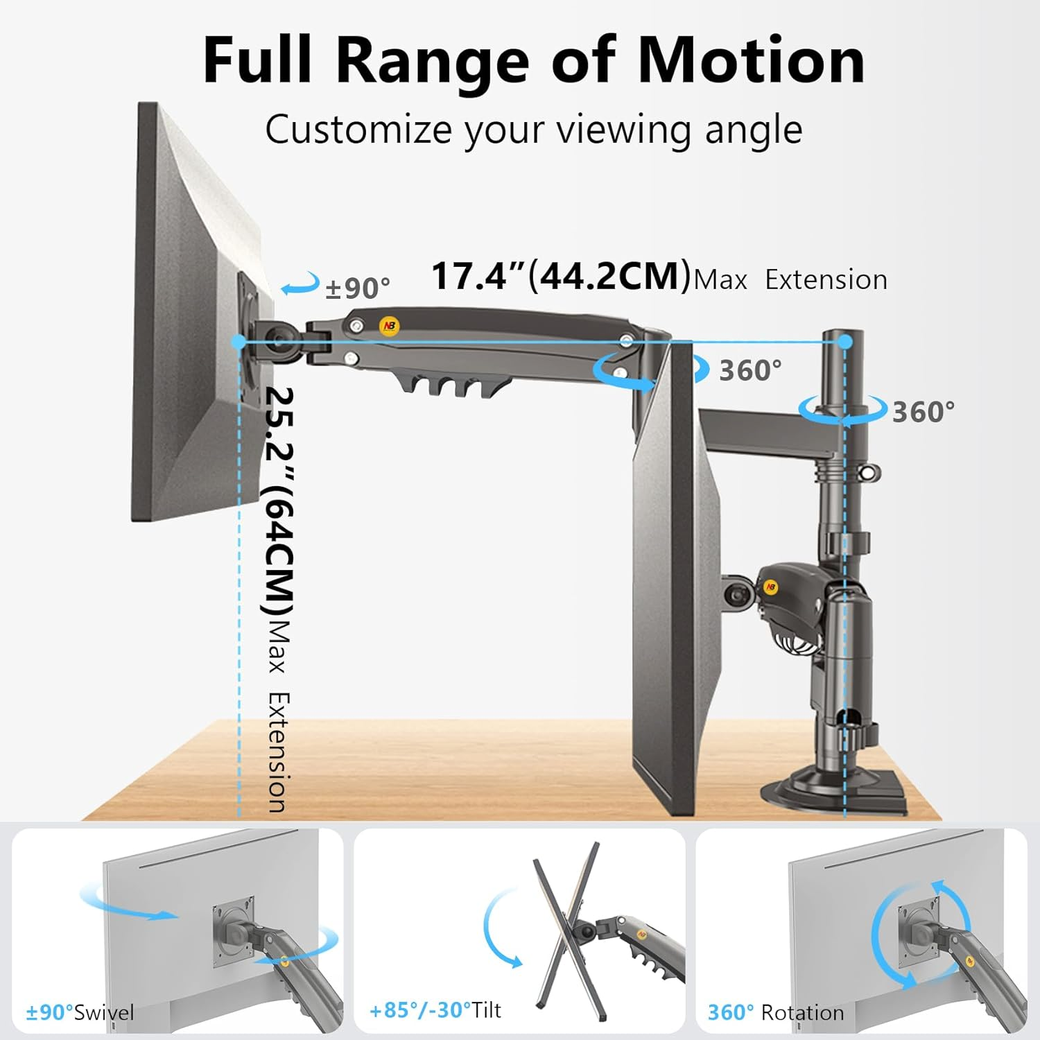 NB North Bayou Dual Monitor Stand Desk Mount Full Motion Swivel Monitor Arms Gas Spring for 17''- 27'' Computer Monitor Stand from 2Kg to 9Kg, Office Home Gifts for Women Men-H180 (Gunmetal) image number 1