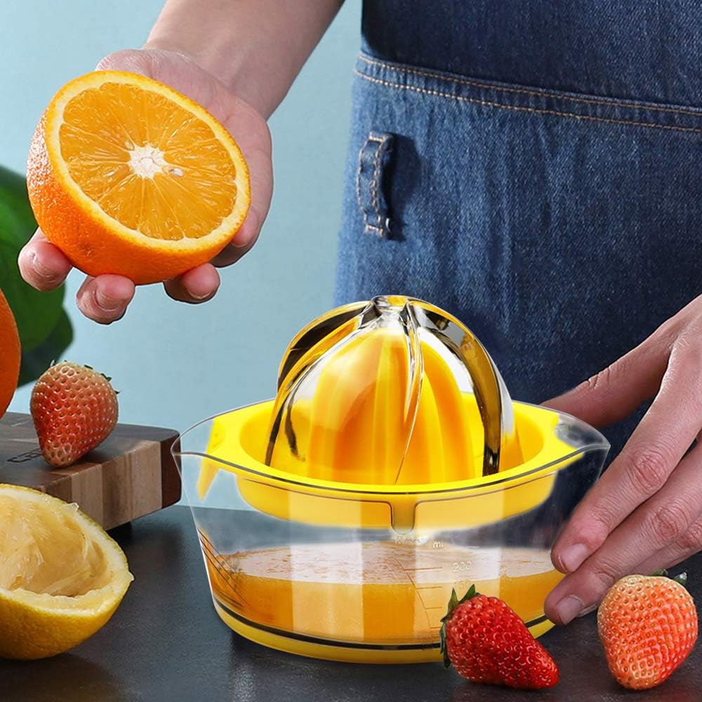 Vanleonet Lemon Squeezer Citrus Juicer with Strainer, Hand Juicer for Orange and Lime, Manual Press with Built-In Measuring Cup (Yellow) image number 1