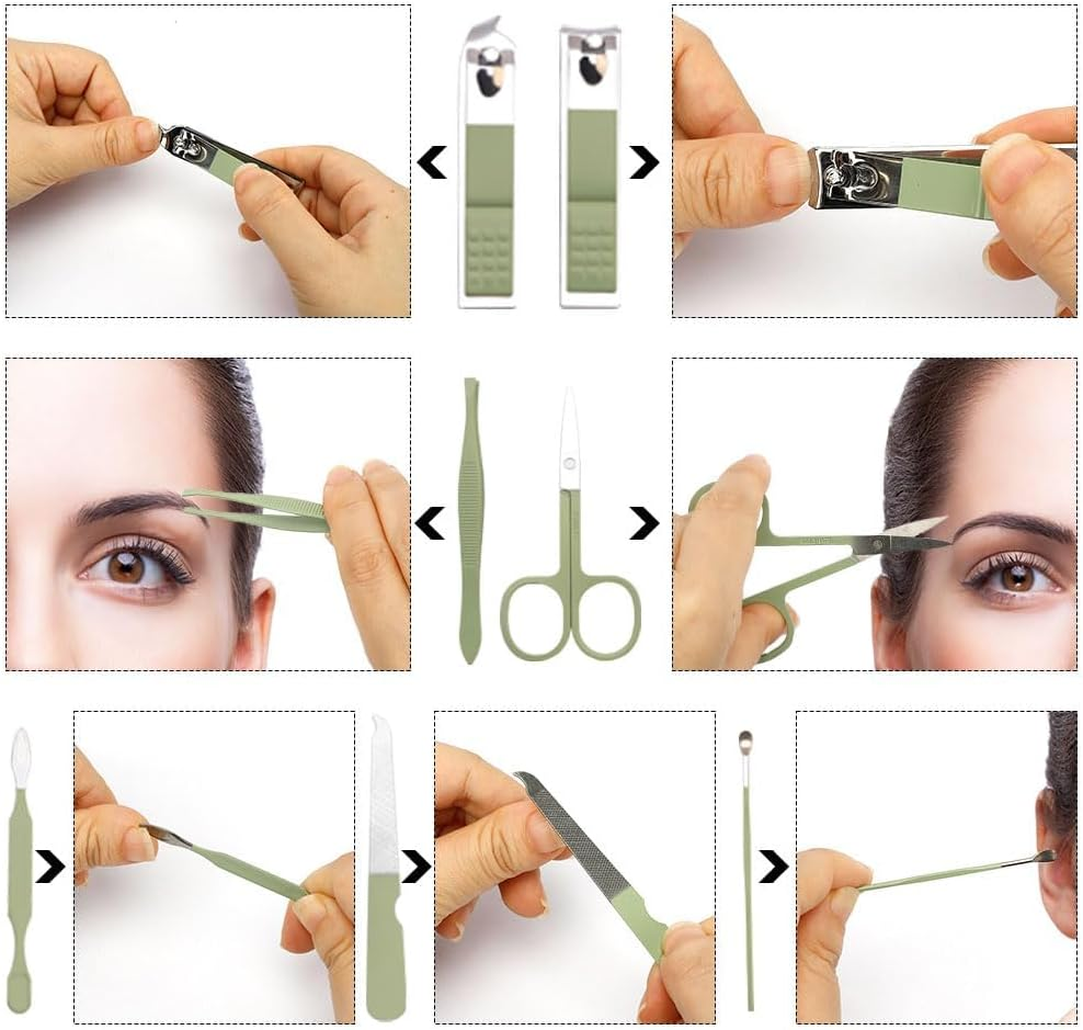 Nail Clipper Set,7 in 1 Christmas Green Stainless Steel Nail Clipper Manicure Set,Fingernail & Toenail Grooming Kit Tweezers Eyebrow Scissors for Mens and Women,Travel Size Nails Care Tools with Case - Green image number 5