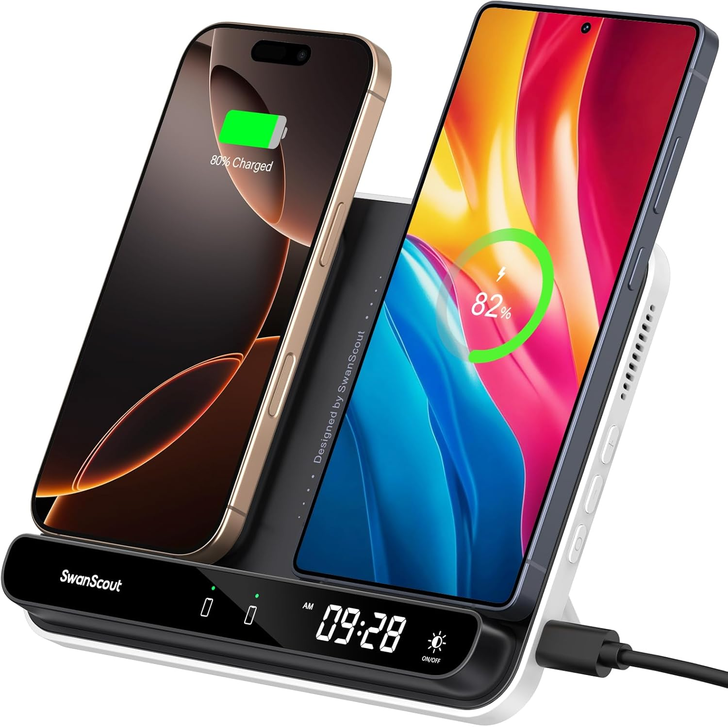 Dual Phone Wireless Charger, 30W Charging Station for 2 Phones, for Iphone Air/17 Pro/17 Pro Max/17/16/15/14/13/12, for Samsung S25/S24/S23/S22, Pixel 9/8/7, Airpods/Galaxy Buds, Swanscout 504 image number 3