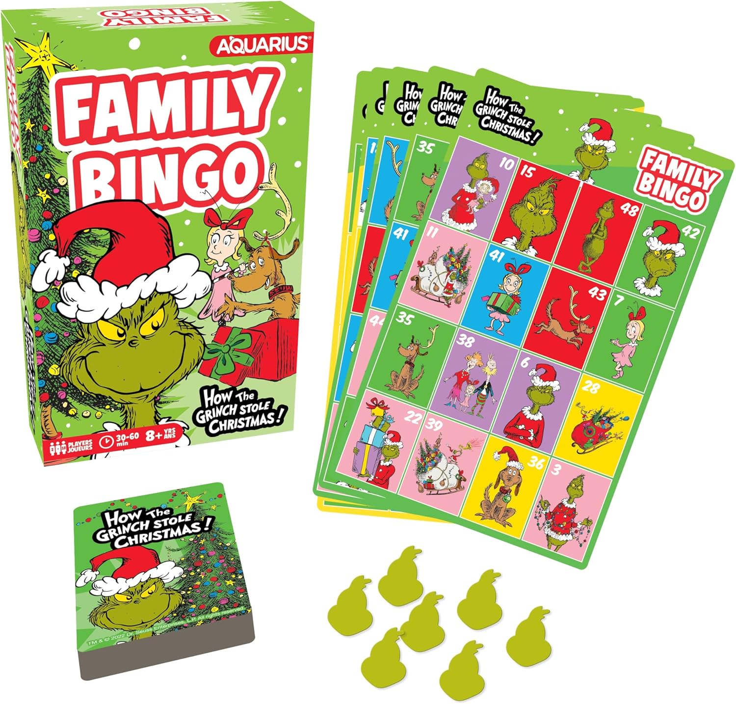 Aquarius the Grinch Family Bingo Card Game, Christmas Themed Fun for Kids and Adults, 18 Bingo Cards, Learning and Developmental Benefits, Ages 8+, 2-4 Players, Family Entertainment Game image number 2