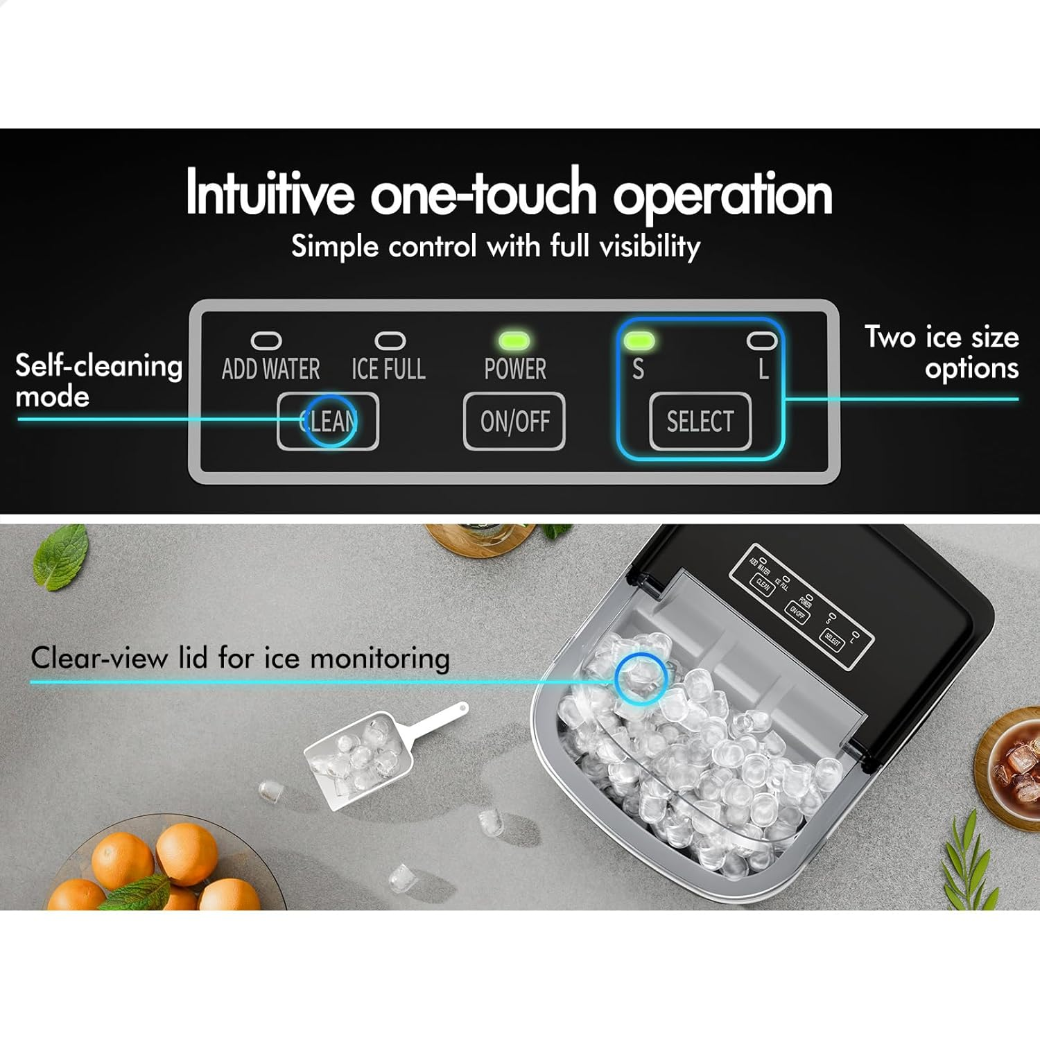 ALFORDSON Portable Ice Maker Machine with Removable Basket and Scoop, 9 Cubes in 6 Mins, Self-Cleaning Ice Machine 1.5L, 12Kg Daily 2 Sizes Ice Cube Tray, for Home/Office/Kitchen/Bar, Black image number 5