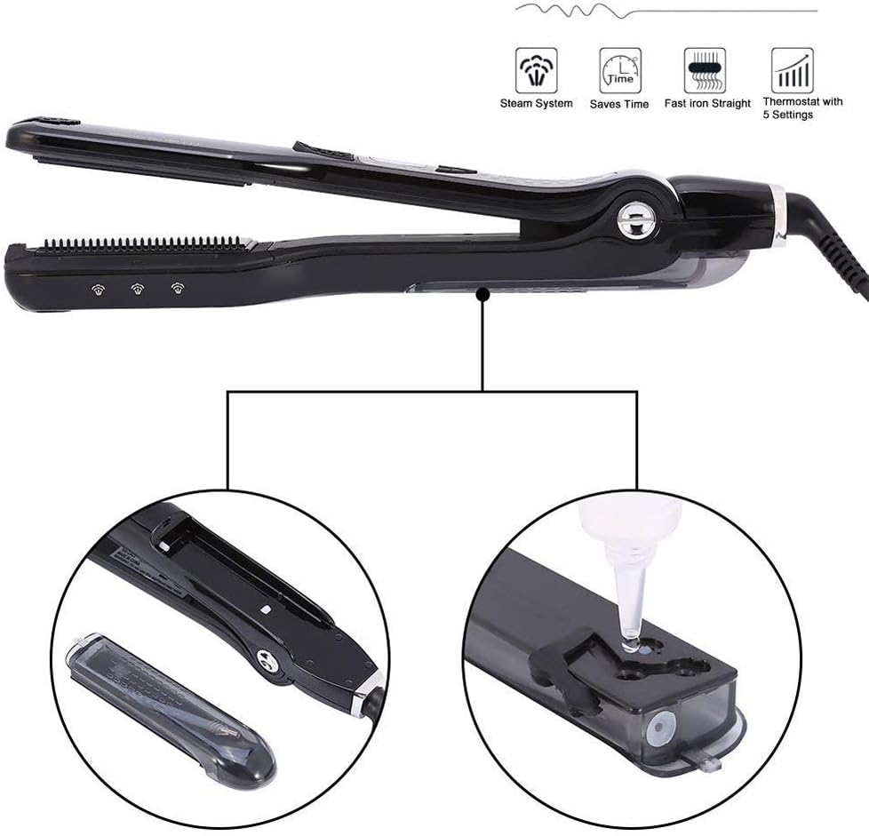 Professional Steam Straightener Brush, Electric Titanium Ceramic Flat Iron with Anti-Static Technology and Digital Controls for All Hair Types (Black) - Black image number 3