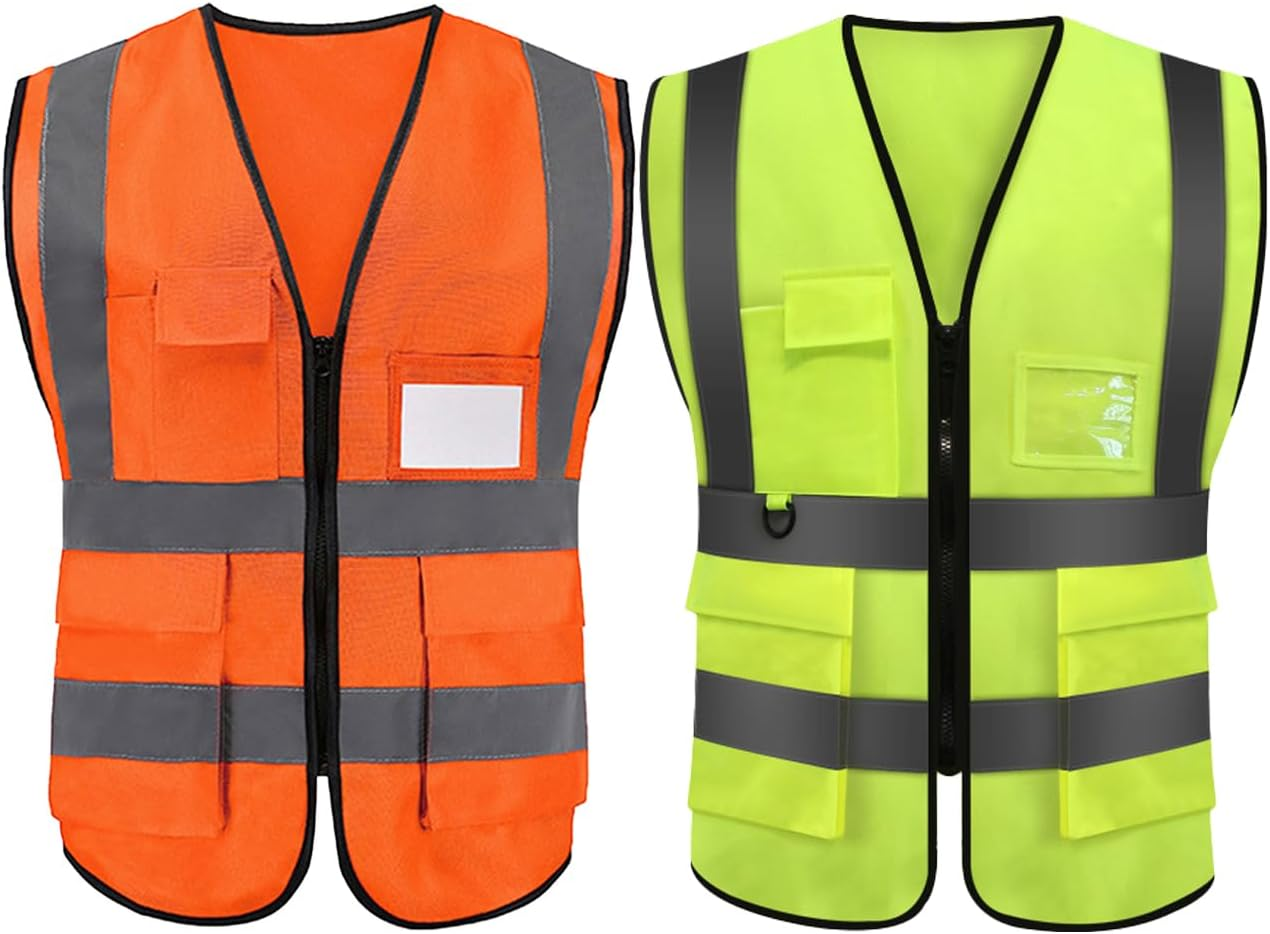 2 Pack Bokmaton High Visibility Zipped Vest, Hi-Vest with Reflective Strips for Safety Work on Construction Site