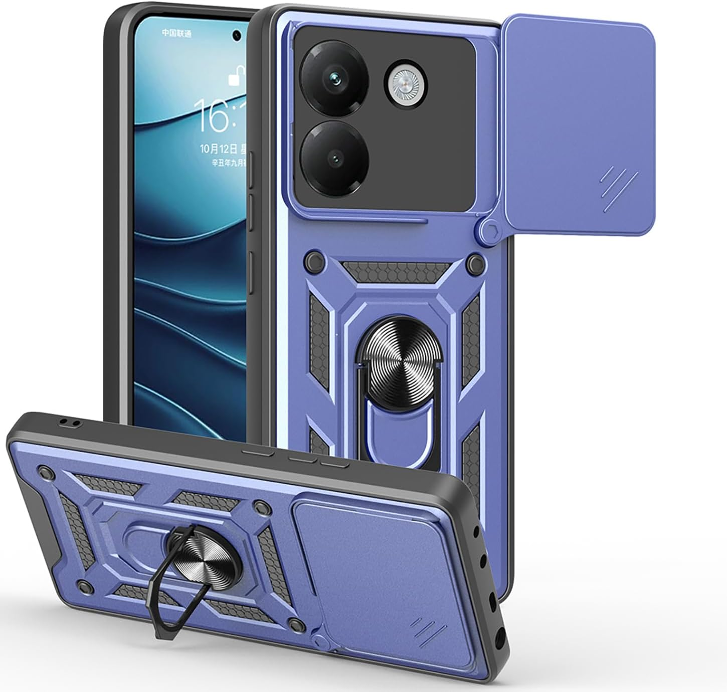 ILING Mobile Phone Case for Xiaomi Poco M7 Pro 5G, Ultra Thin Shockproof Metallic Matte Texture Hard PC Case, Soft Silicone TPU Protective Case with Ring Stand and Camera Protection (Blue)