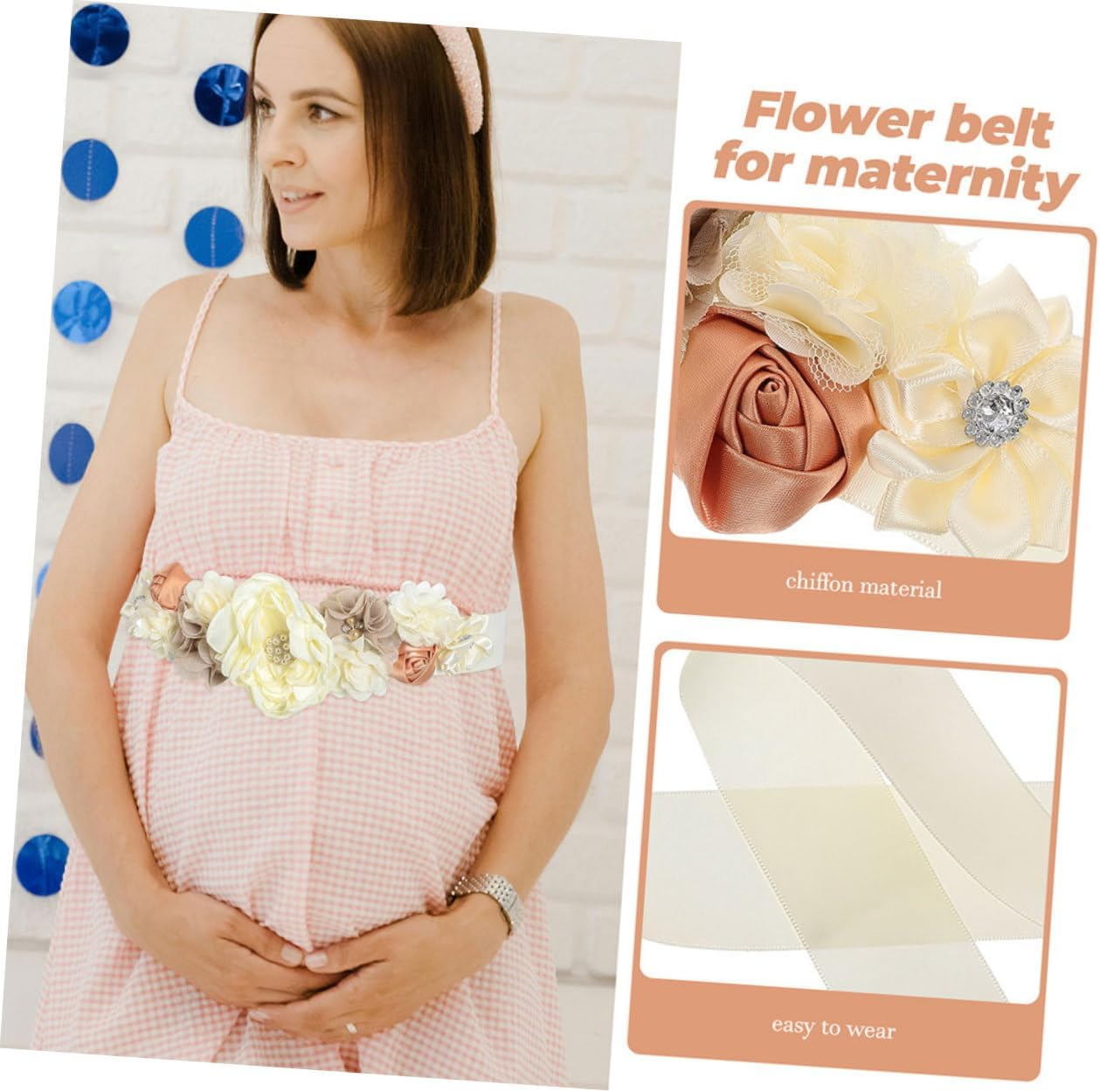 SUPVOX 2Pcs Maternity Sash Belt with Daisy Flower and Rhinestones Elegant Waist Support for Pregnant Women for Showers and Photography Sessions - Sky-Blue image number 4