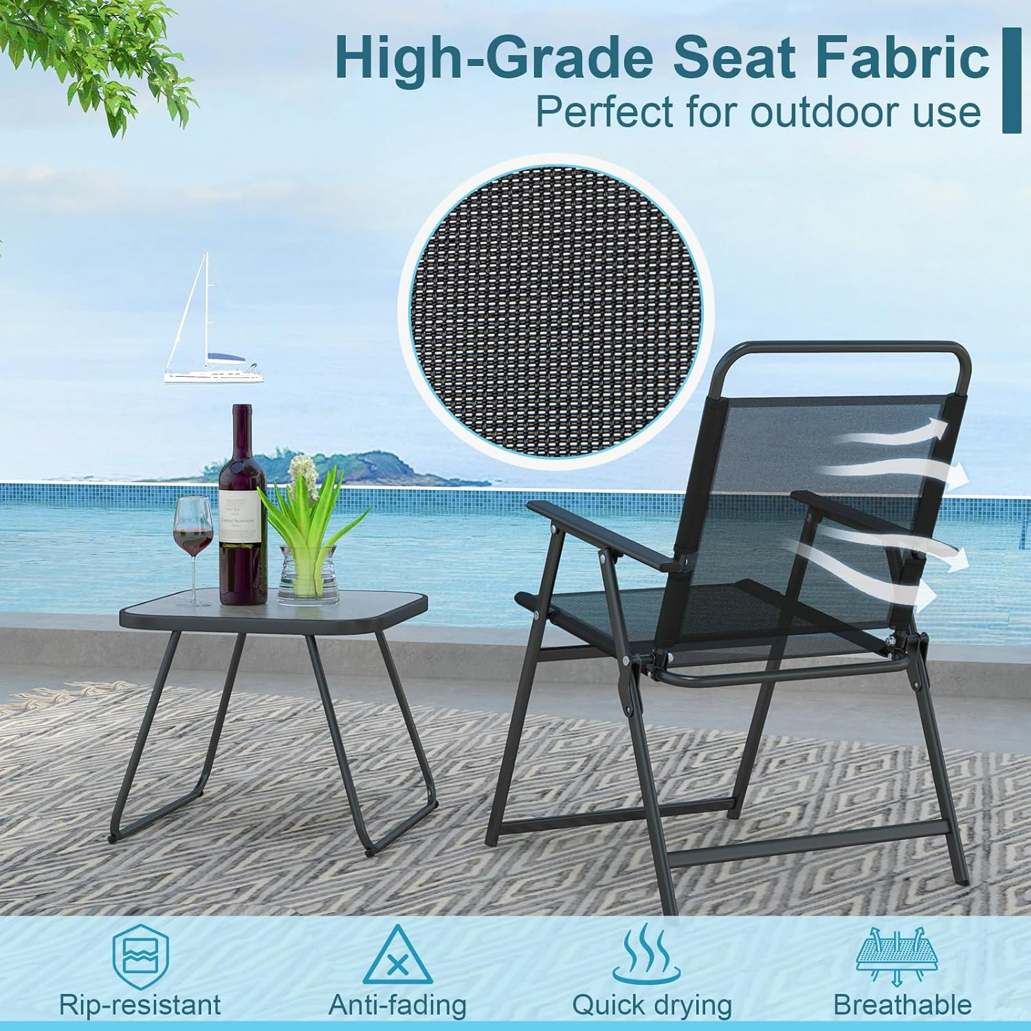 Costway 3 Piece Patio Folding Conversation Set, 2 Folding Chairs W/Coffee Table, Breathable Fabric & Heavy-Duty Metal Frame, Outdoor Portable Folding Chair Set for Backyard, Poolside, Balcony image number 6
