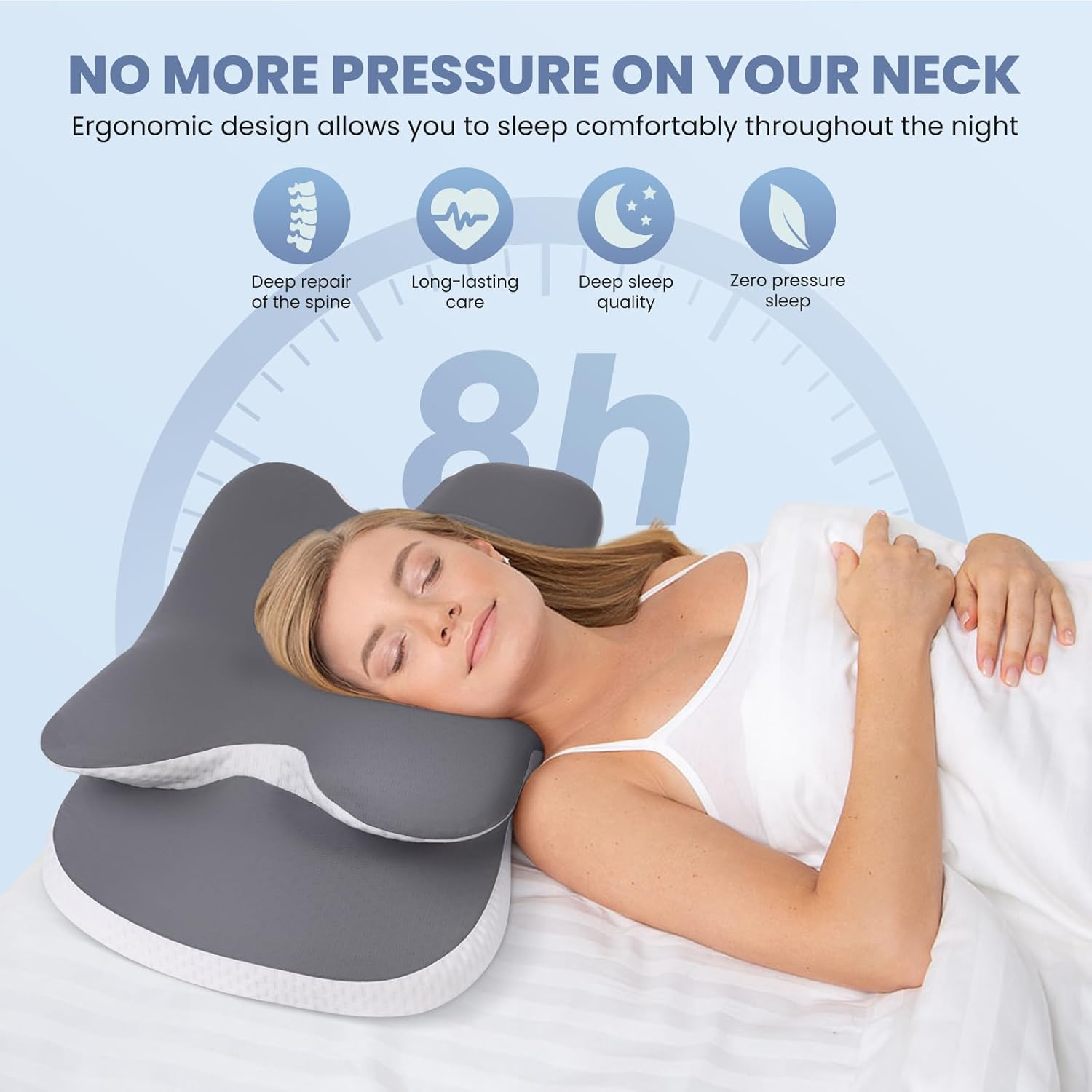 JINXIA Memory Foam Pillow, Cervical Pillow for Neck and Shoulder with Soft Silk Cover, Ergonomic Orthopedic Neck Support Pillow, Back/Side/Stomach Sleeper Pillow for Sleeping, Gray image number 3