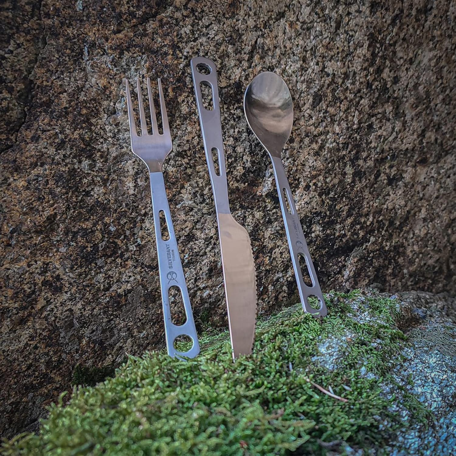SILVERANT Titanium Knife Fork Spoon Extra Strong Ultra-Light Weight Tableware Durable Cutlery Set for Outdoor Camping & Hiking with a Bag - 3 In 1 Spork image number 6