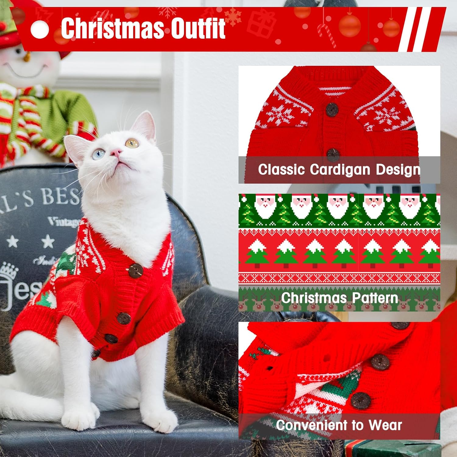 EXPAWLORER Cat Christmas Sweater - Stylish Knitted Christmas Pet Outfit, Soft Clothes for Cats Only, Knitwear Xmas Sweater with Sleeve Warm Apparel, Kitten Clothes for All Cats, Small image number 4