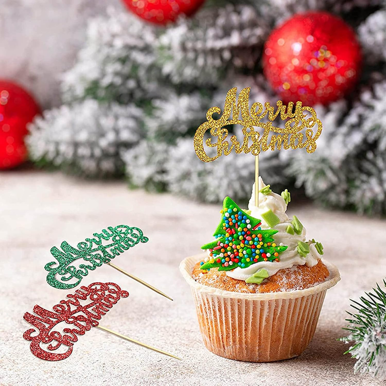 24Pcs Merry Christmas Cupcake Toppers Green Red Gold Glitter Christmas Cupcake Picks Merry Christmas Theme Happy New Year Party Cake Decorations Supplies image number 1