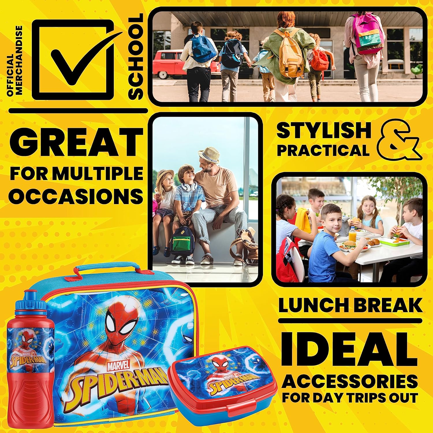 Marvel Kids Lunch Box 3 Piece Set Avengers Insulated Lunch Bag Snack Box 430Ml Spiderman Water Bottle BPA Free School Travel Captain America Iron Man Thor (Multicolor Spiderman) image number 4