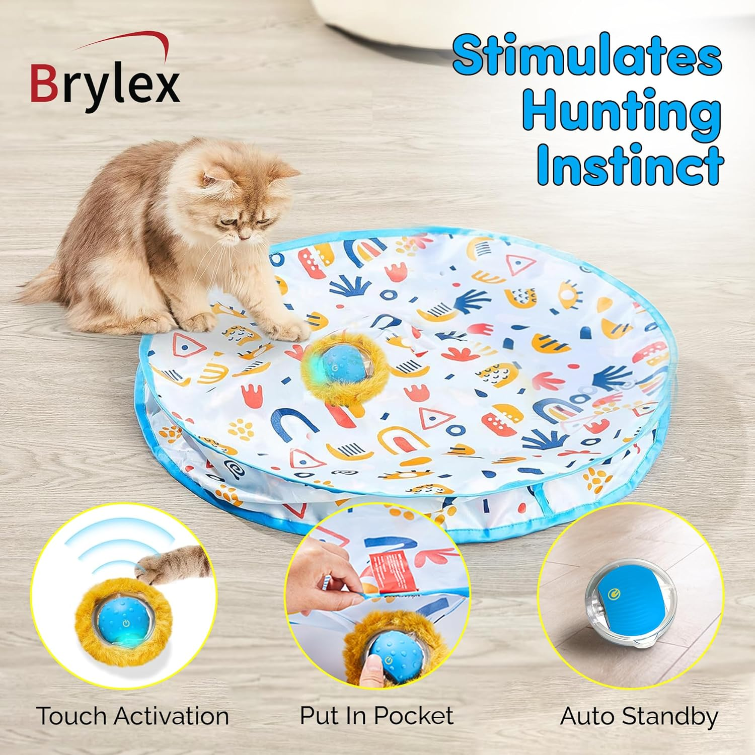 'Brylex Interactive Cat Toys, Motion-Activated Rolling Ball with Play Mat, Automatic Hide-And-Seek Game, Fast & Slow Modes, USB Rechargeable Cat Enrichment Toy, 28'' Play Mat' image number 6