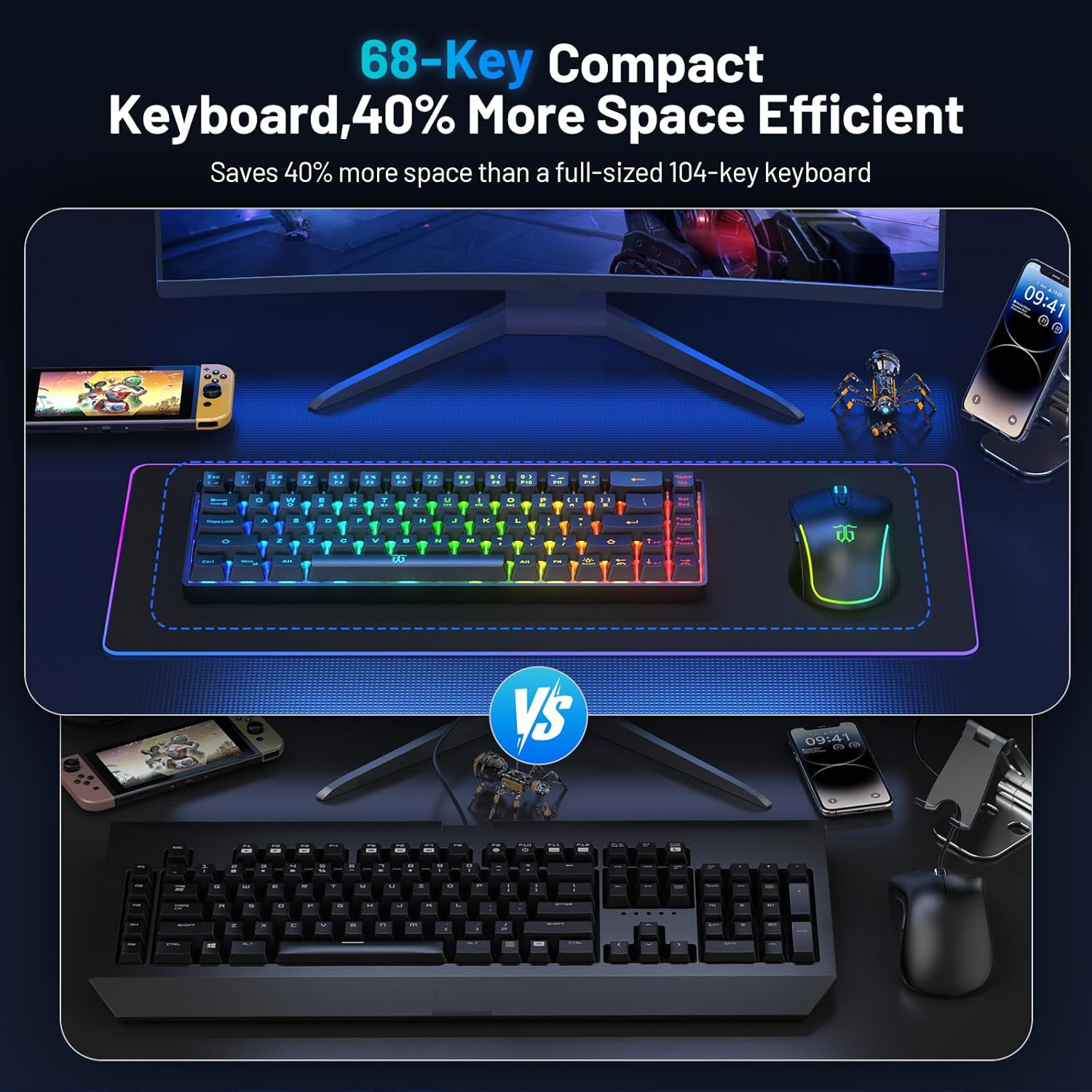 Snpurdiri 60% Wireless Gaming Keyboard and Mouse Combo,Led Backlit Rechargeable 2000Mah Battery,Small Membrane but Mechanical Feel Keyboard + Popular RGB Mice for Gaming,Business Office - Blue image number 4