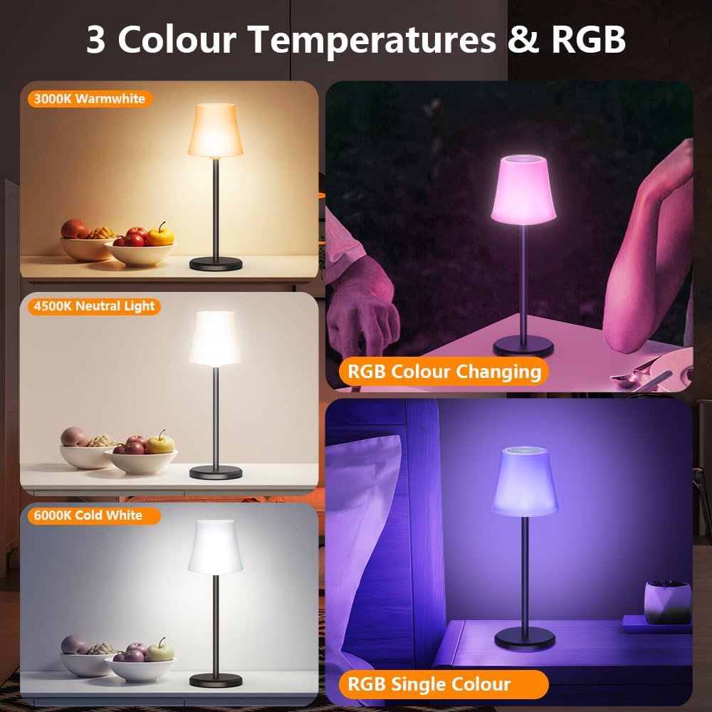 Ainostone LED Table Lamp Wireless Pack of 2 Battery Table Lamp Touch with 3 Colour Temperatures + RGB Continuously Dimmable USB-C Rechargeable IP54 Waterproof for Bedroom Dining Room Outdoor Camping image number 5