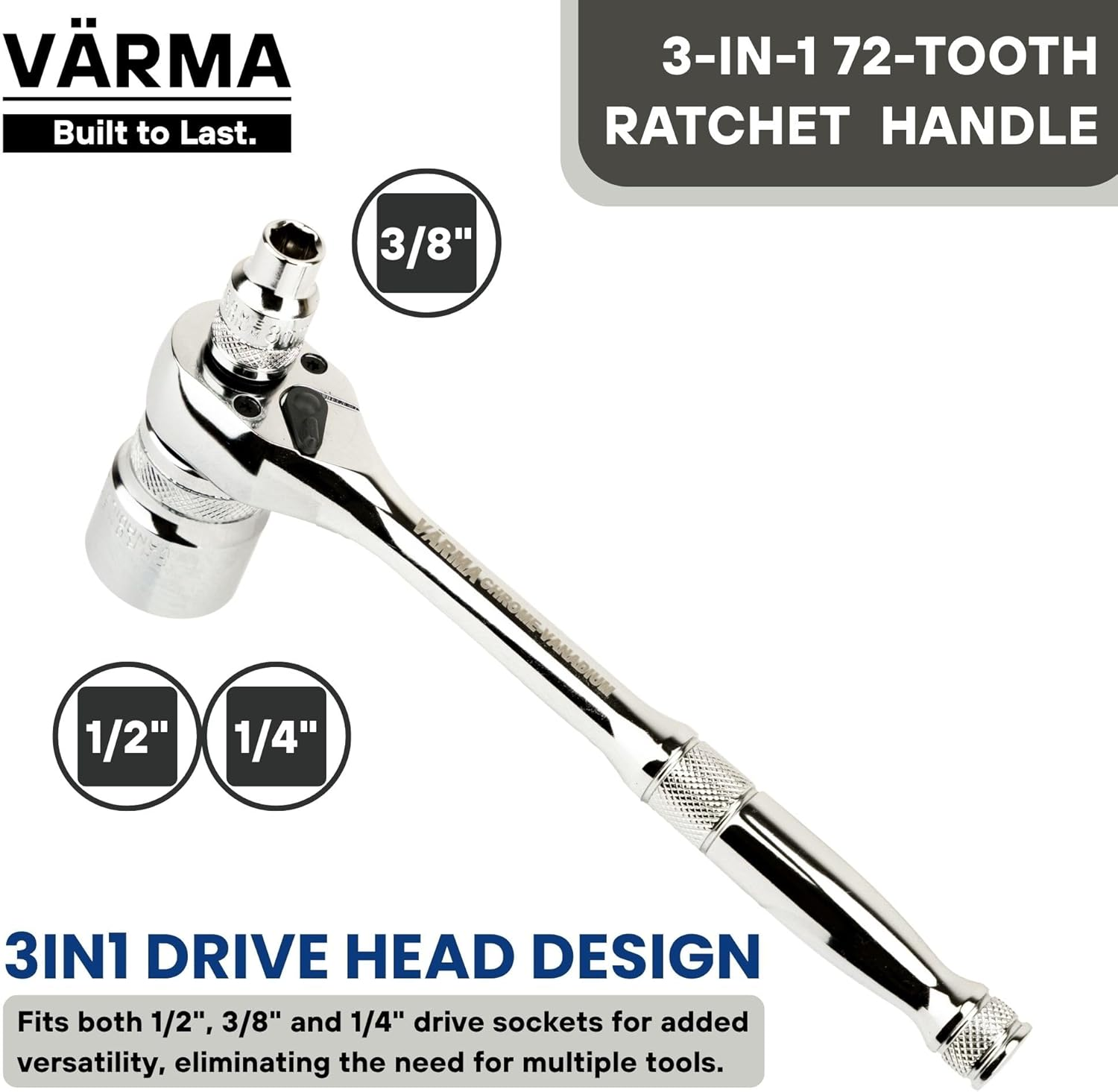 3-In-1 Ratchet Wrench &ndash; 1/2", 3/8", 1/4" Drive | 72-Tooth Reversible Ratchet Handle | CR-V Steel, 8-Inch (200Mm) | High-Torque, 5&deg; Swing Arc, CR-V Steel for Automotive & Mechanical Use image number 4