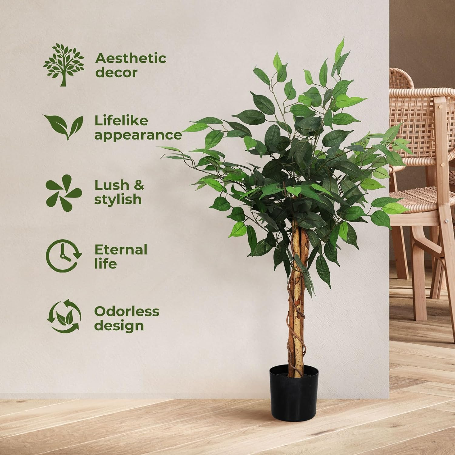 Lambu 90CM Artificial Ficus Trees with Realistic Leaves, Artificial Tree Fake Tree Faux Trees Fake Plants Faux Ficus Tree with Sturdy Plastic Nursery Pot, Fake Ficus Tree for Office Home Farmhouse image number 2
