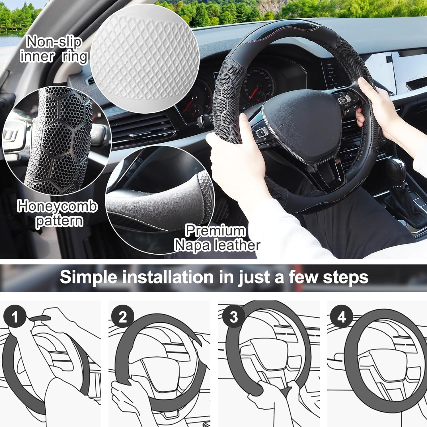 Car Steering Wheel Cover, Universal 15 Inch Fit, Anti-Slip Napa/Microfiber Leather Suede Stearing Wheel Protector Covers, Soft Breathable, with Car Seat Belt Pads for Women Man (Leather Carbon Fiber) image number 2