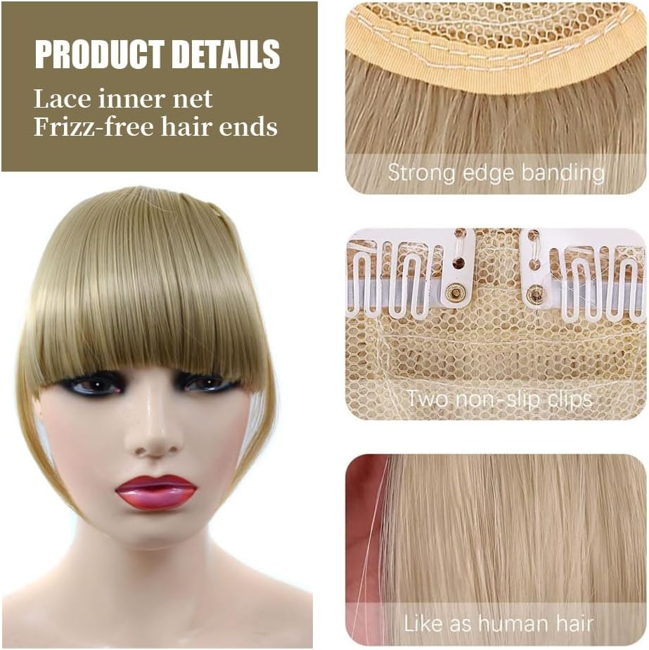 Ash Blonde Bangs Hair Clip Extension French Bang Clip in Thick Natural Full Front Neat Bangs Straight Fringe Bang with Temples One Piece Hairpiece (Ash Blonde) (Golden) image number 4