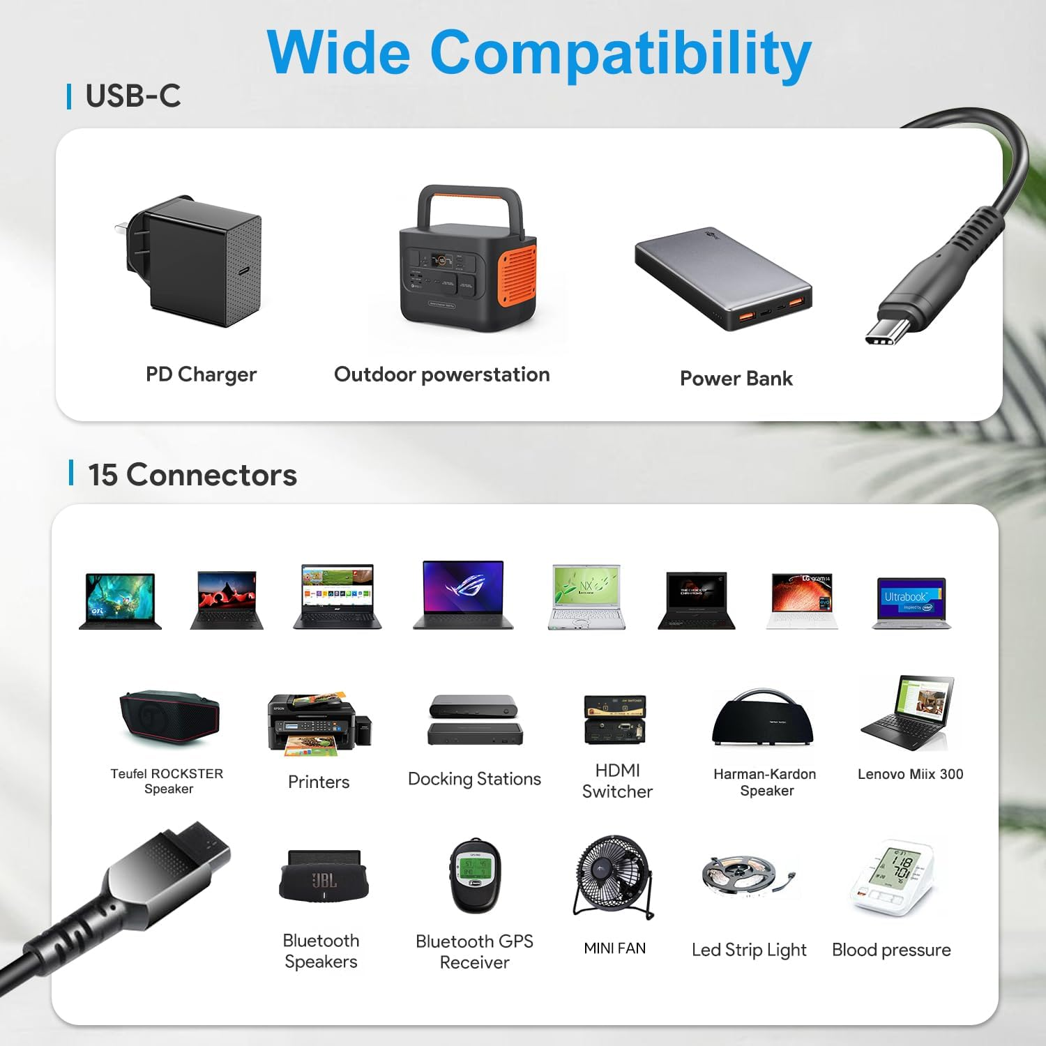 KFD USB C to DC Adapter Cable with Adjustable Voltage Output 5V 9V 12V 15V 20V 28V PD Fast Charging Cable Universal Charger 15PCS Connecors DC Cable for Laptop Chromebook Phone Speaker USB Hub 7Ft image number 2