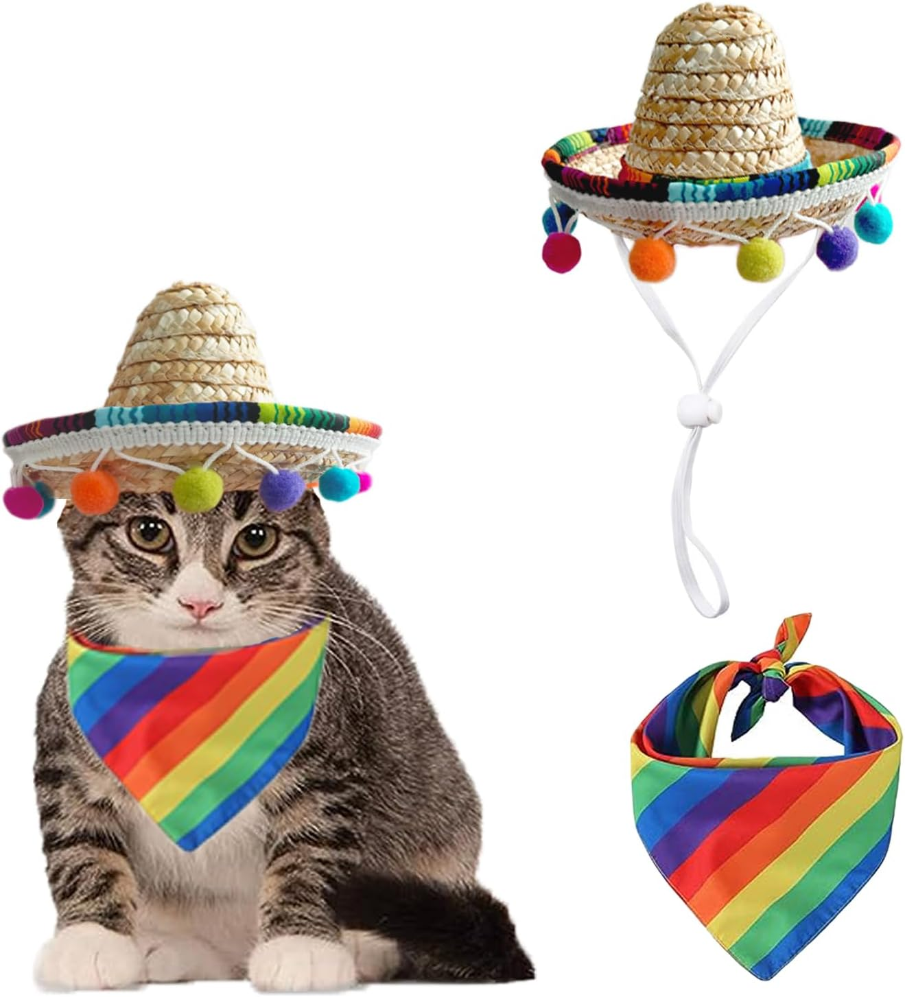 Cat Sombrero Cat Hats Bandana Scarf Rainbow Scarf Pet Straw Hat Cinco De Mayo Pet Hats Mini Sombrero Hat for Cat Puppy Small Dog Party/Birthday/Photo(Multicolour+S)