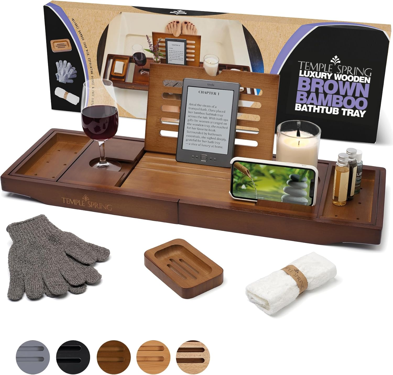 Temple Spring Wooden Bath Tray, Bath Shelf Bathroom Accessory, Home Spa Boards for Adults, Bathtub Caddy, Bamboo Bathroom Accessories Set, Extendable Bathtub Rack with Ipad & Phone Holder - White