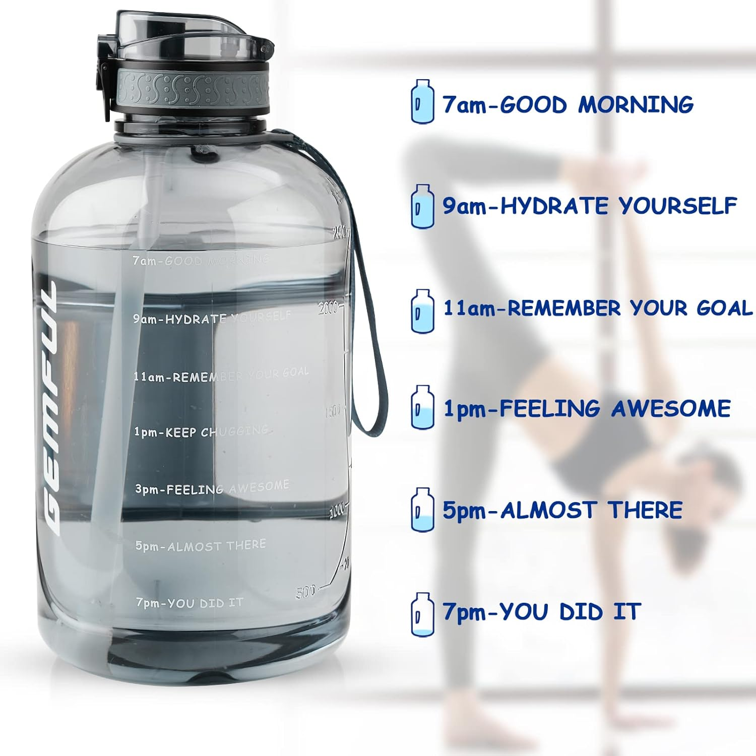 GEMFUL 3 Liter Water Bottles with Handle Motivational BPA Free Big Drinks Bottle for Fitness Sports - Gray image number 2