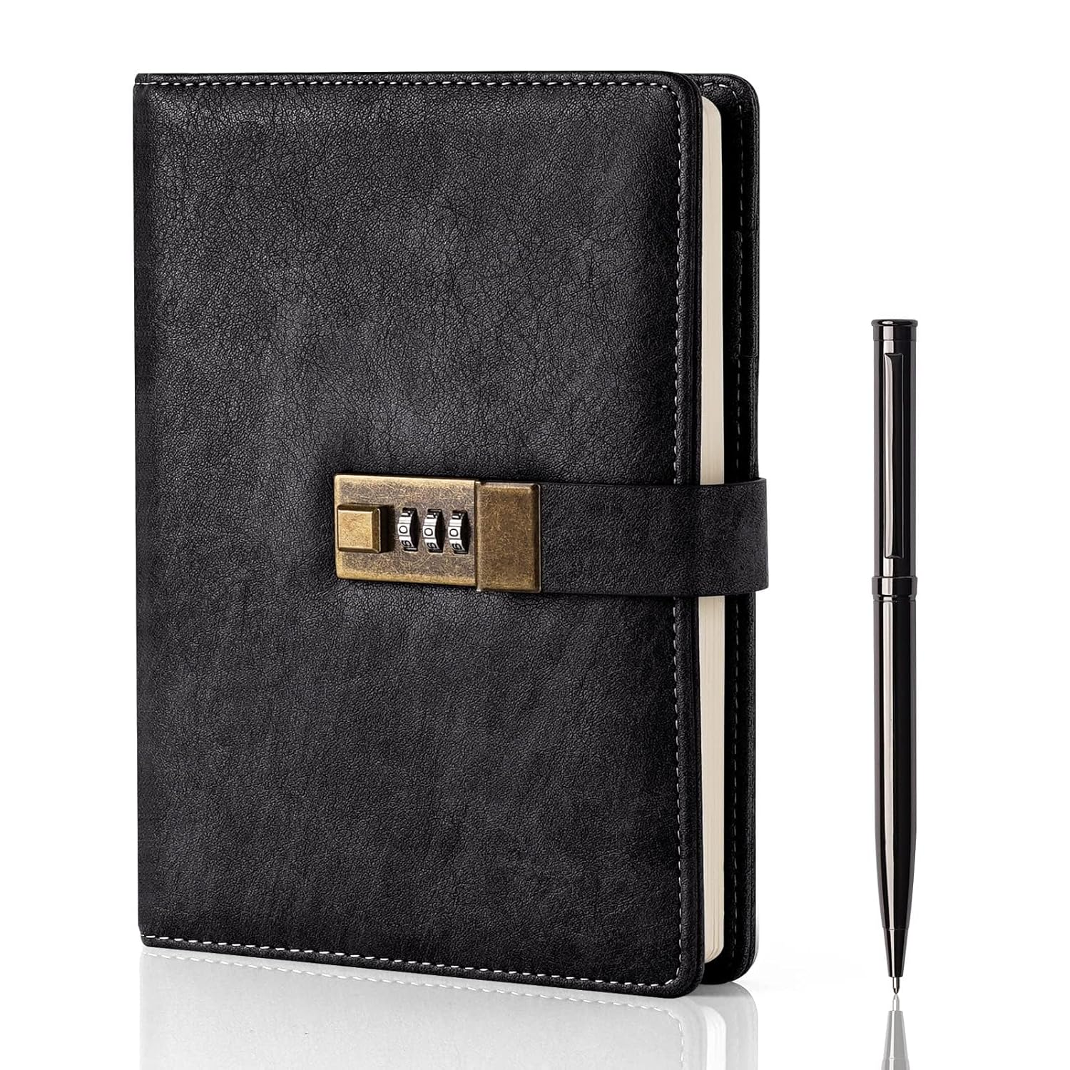 WEMATE Diary with Lock, A5 PU Leather Journal with Lock 240 Pages, Vintage Locks Journal Password Notebook with Pen, Locks Diary Planner Organizer for Men and Women, 8.6X5.8In Black image number 6