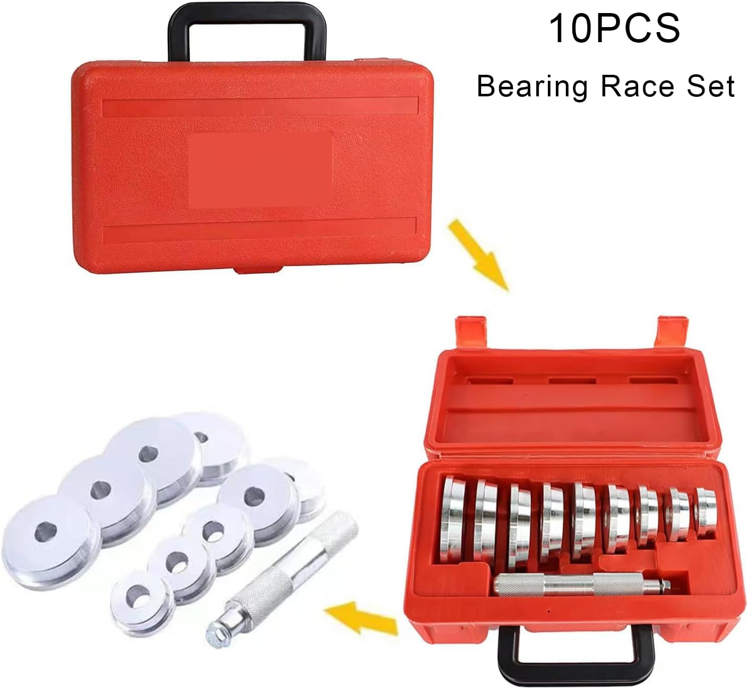 10Pcs Bearing Race and Seal Bushing Driver Install Set Universal Aluminum Bush Drive Seal Kit, 1 Driver 9 Discs Collar Axle Housing with Red Carrying Case Fit for Most Automotive Wheel Bearings image number 2