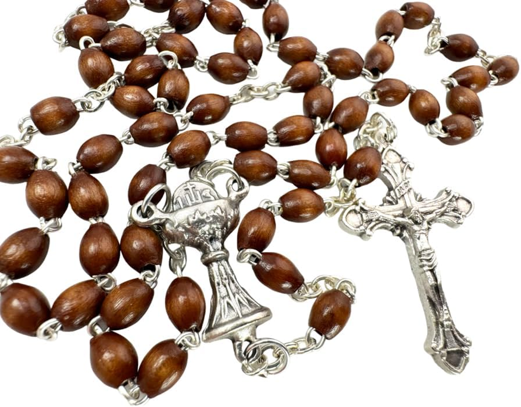 Westmon Works First Communion Rosary Gift Set Boy'S Wooden Bead Rosary with Metal Crucifix and Commemorative Holy Card, Medium, Zinc, No Gemstone image number 4