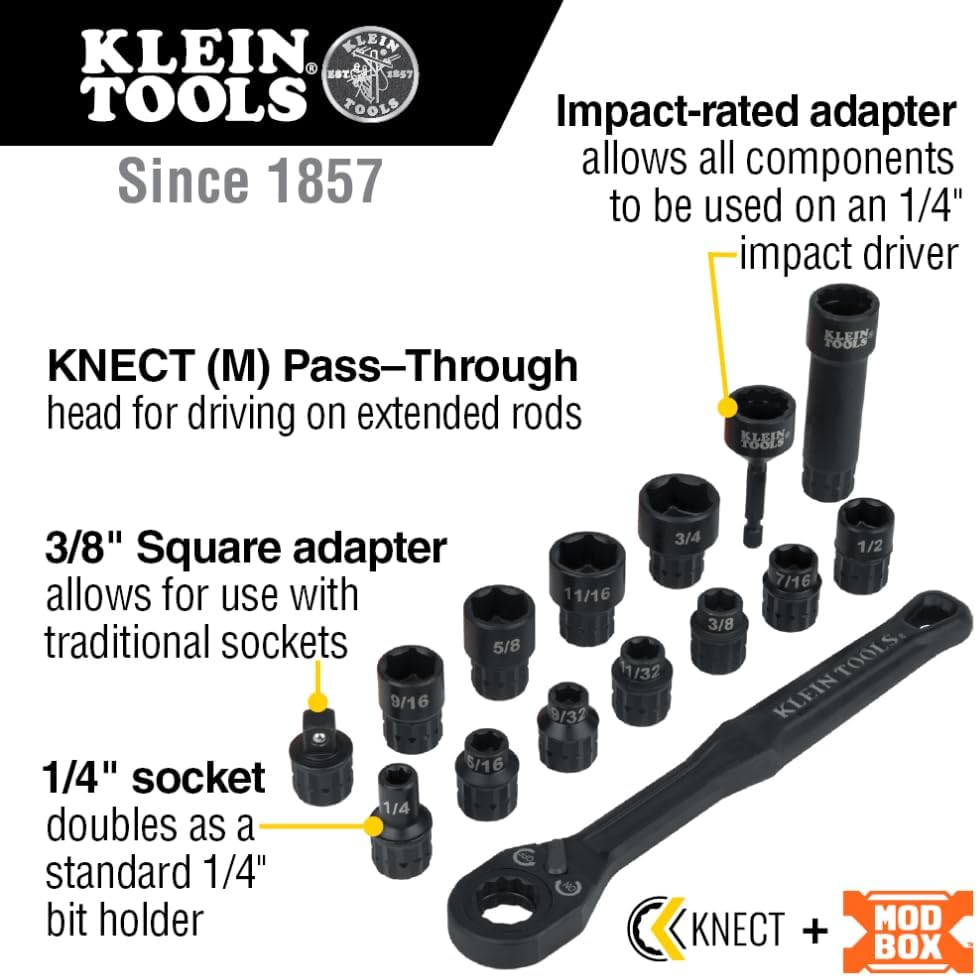 Klein Tools A-65400 KNECT 3/8 Inch Drive Impact-Rated Pass through Socket Set (15 Pieces) image number 5