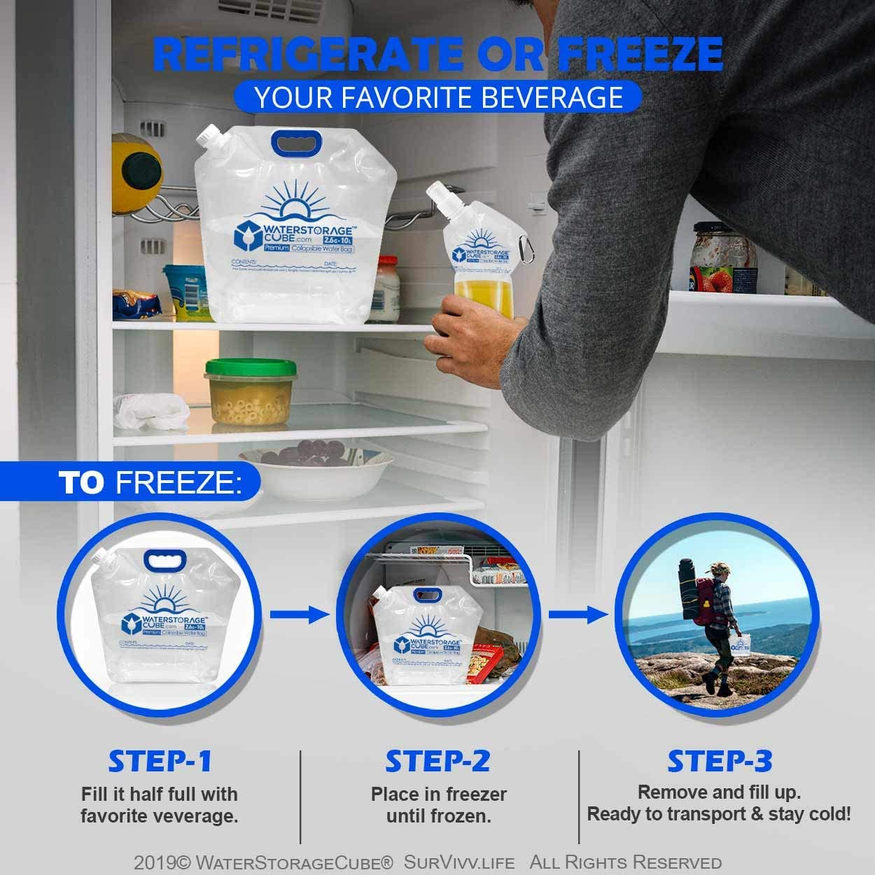 Waterstoragecube Premium Collapsible Water Container Bag, BPA Free Food Grade Clear Plastic Storage Jug for Camping Hiking Backpack Emergency, No-Leak Freezable Foldable Water Bottle 1.3 Gallon 10Pack image number 2