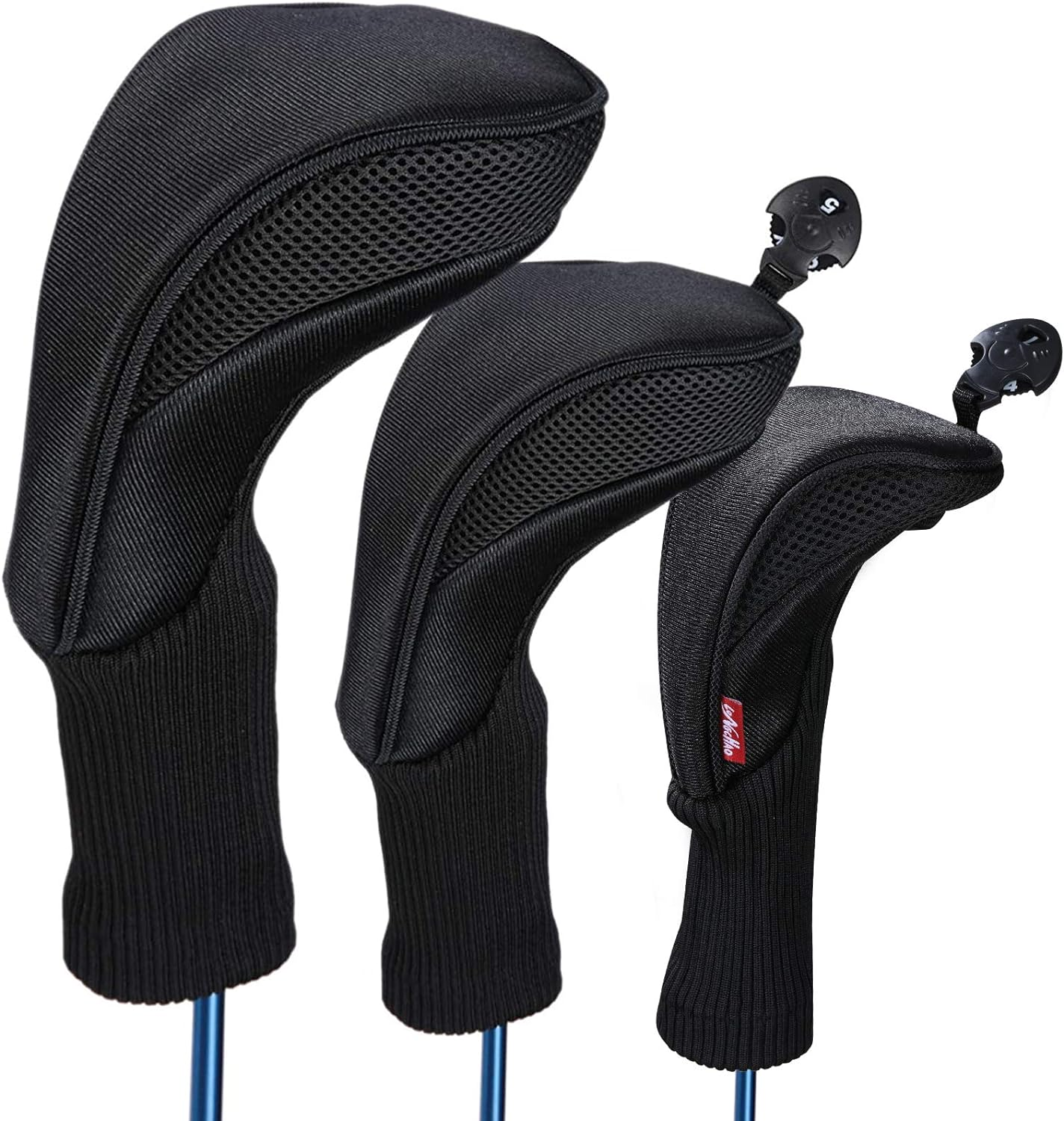 Black Golf Club Head Cover for Driver Fairway 3 Pcs Woods Headcovers, Golf Accessories Hybrid Head Covers Set with Interchangeable Tags 3 4 5 7 X