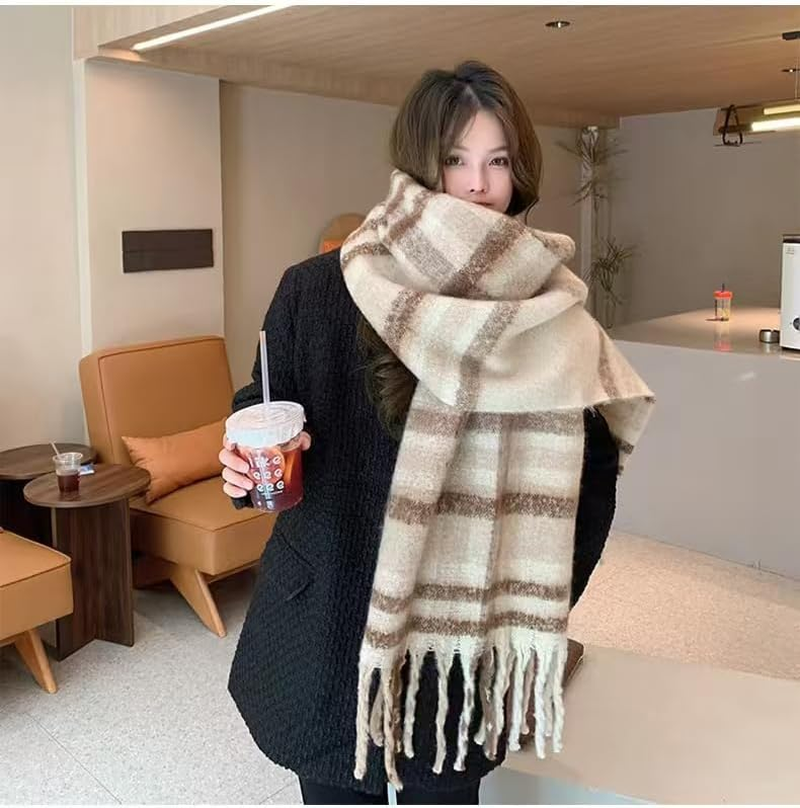 MININAI Womens Large Chunky Color Block Tassel Scarf Oversized Thick Scarves Long Shawl Fashion Winter Warm Blanket Scarf