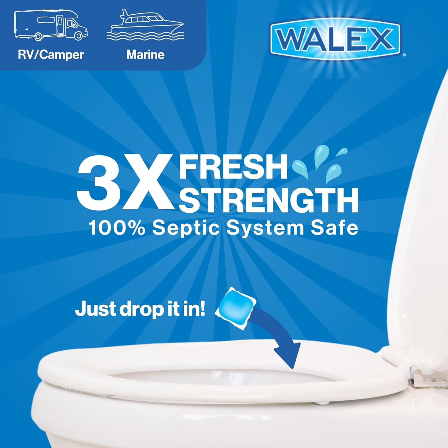 Walex Fresh-Pak Marine, Camper, & RV Black Water Holding Tank Deodorizer for Rapid Breakdown of Waste & Toilet Paper to Prevent Clogs, Neutralizes Odors, Septic Tank Safe, Fresh Scent (Pack of 30) image number 2