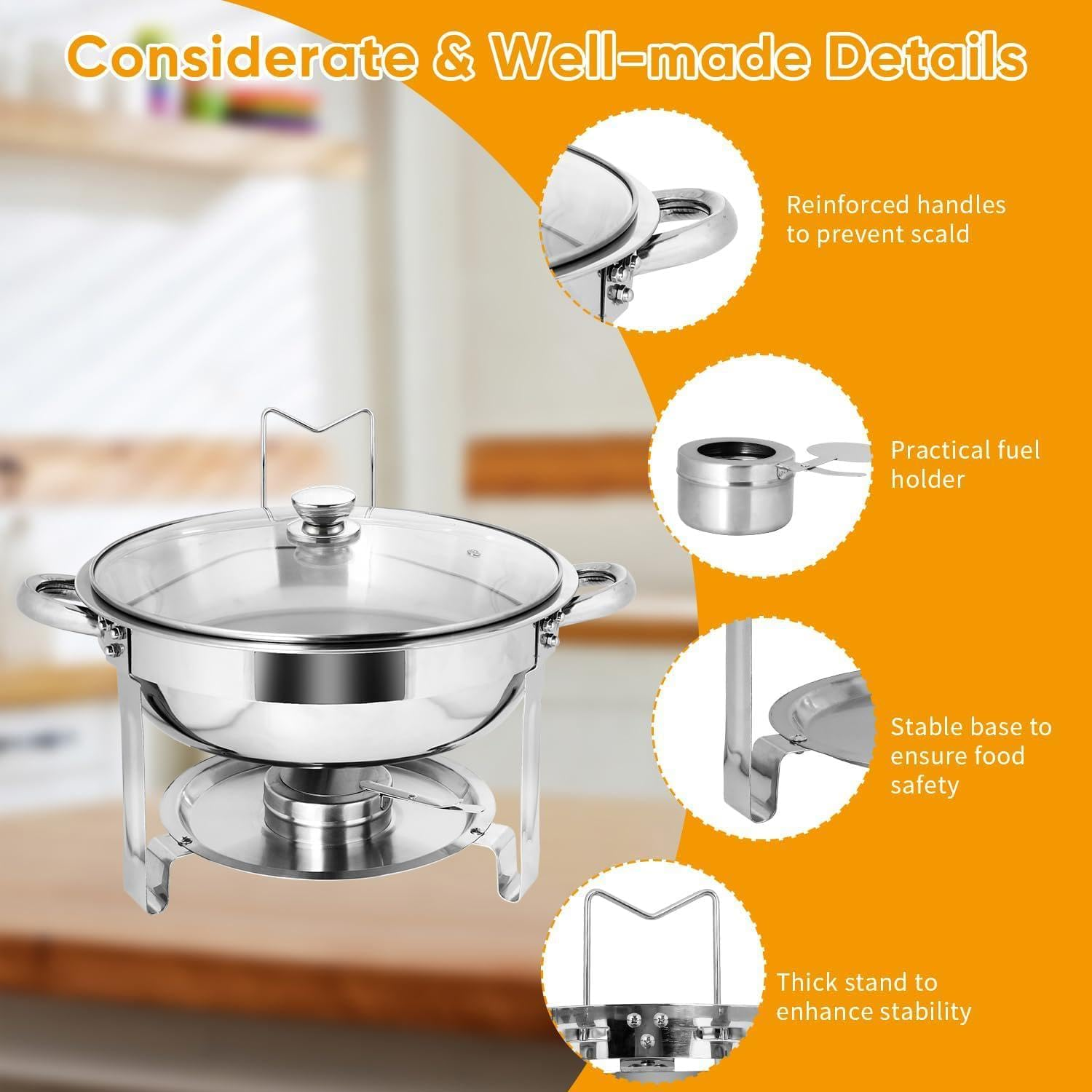 9SHOME 2Pack Chafing Dish Buffet Set, 4.5L Stainless Steel round Chafer with Glass Lid & Lid Holder, 5QT Buffet Servers Food Warmers Set with Food and Water Trays for Dinner, Parties, Wedding, Camping image number 6