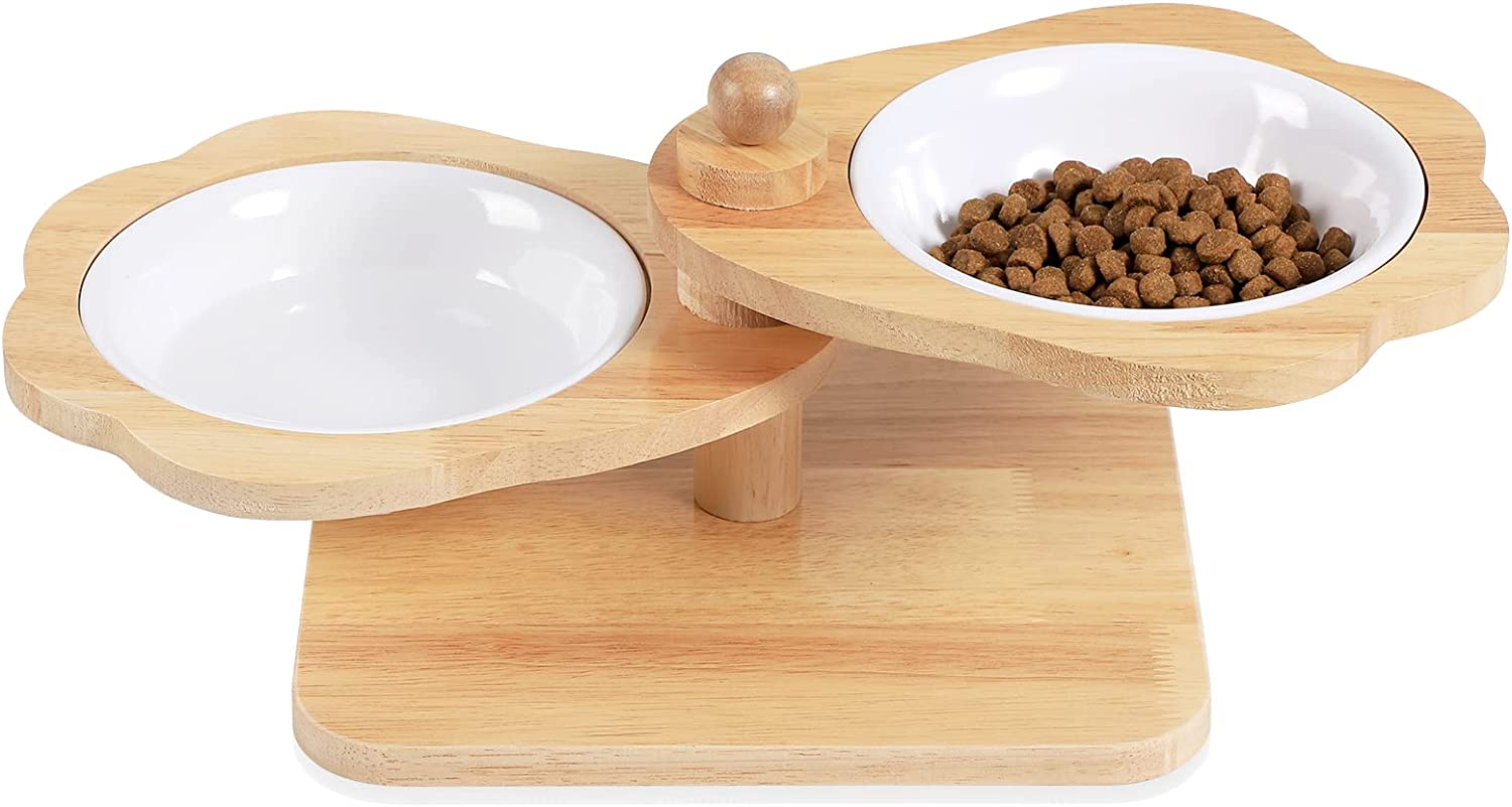 SCHITEC Raised Cat Bowls with Wooden Stand, Elevated Cat Bowls for Kittens Puppy Small Dogs, Adjustable Elevated Cat Feeder for Food and Water- 2 Bowls