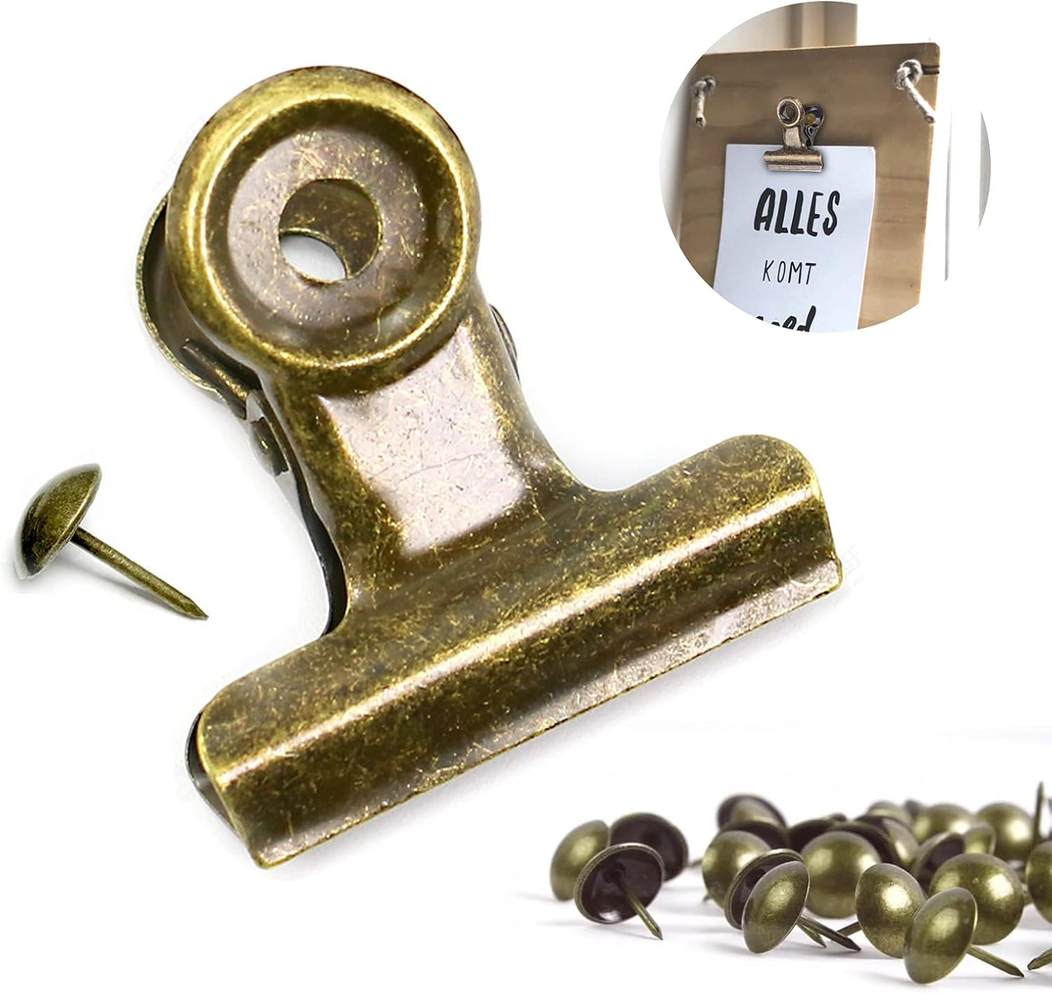 20 Pack Bulldog Clips with Push-Pins for Corkboard,Metal Clips for Crafts, Metal Binder Clips for Pictures, Spring Paper Clamps for Office Documents (Rose Gold,1.2Inch)